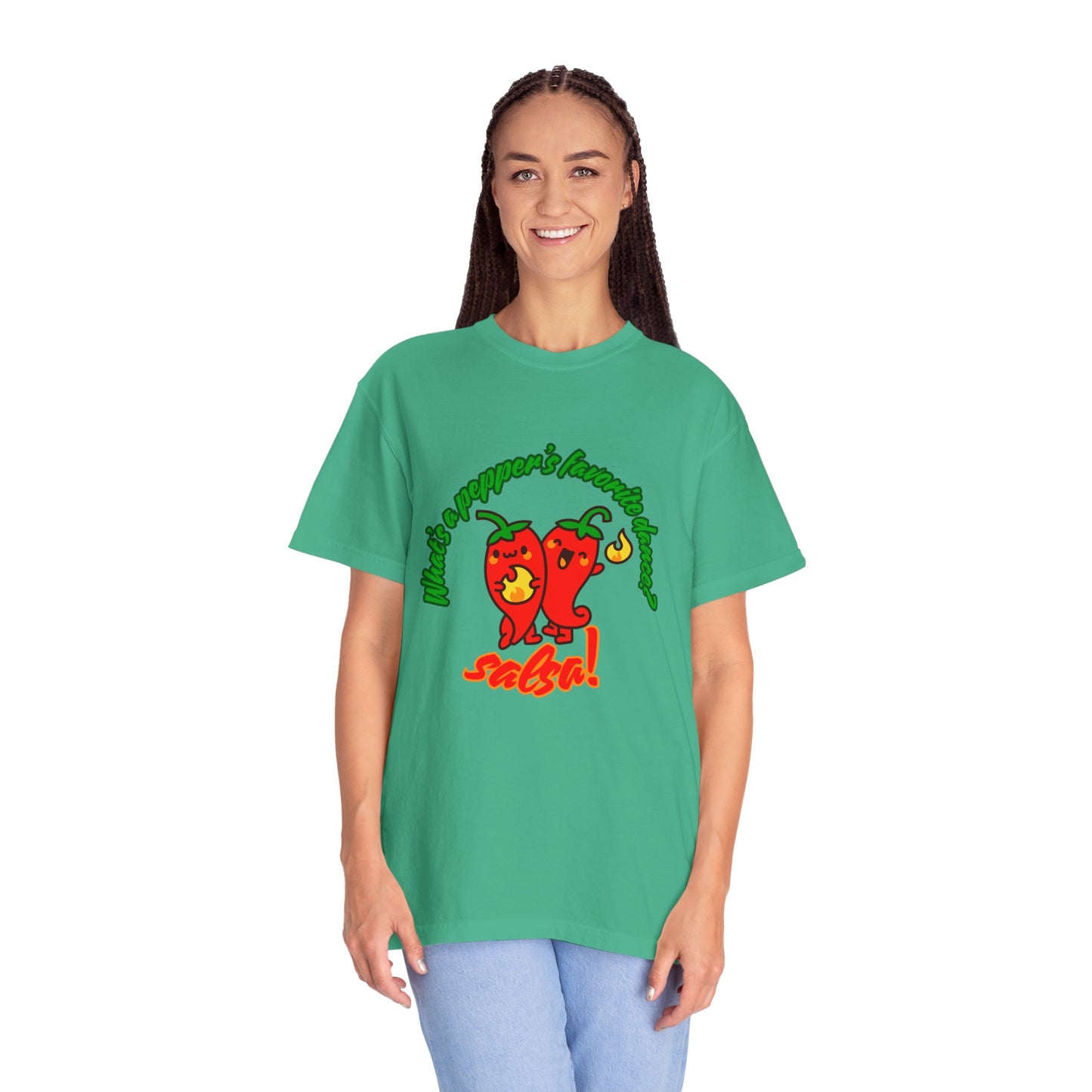 "What's a Pepper's Favorite Dance? Salsa!" Dance Pun Unisex Garment-Dyed T-Shirt – Funny Dance Joke Tee with Cute Pepper Graphic – Dance Humor Shirt for Food & Pun Lovers