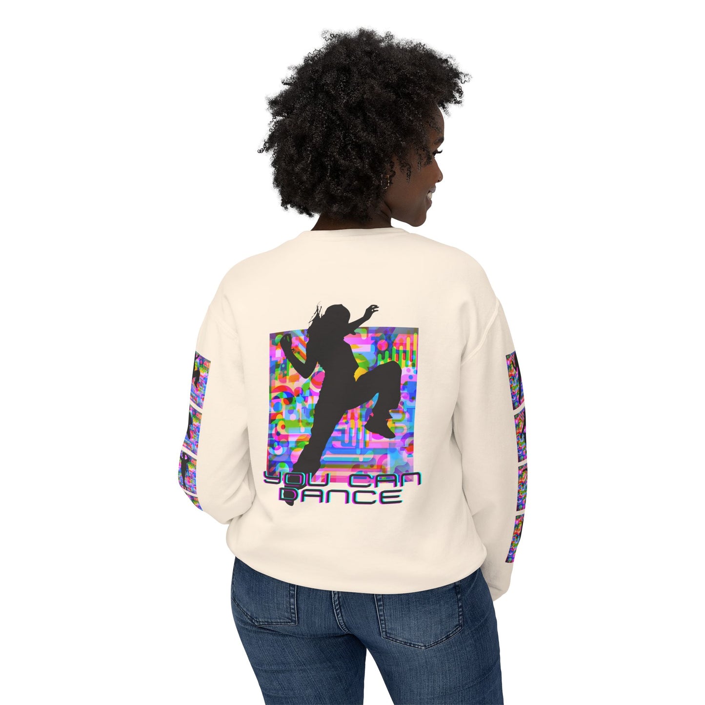 Levels Premium Collection Dance Crewneck Sweatshirt – Vibrant Unisex Streetwear Pullover with "Levels Pictures Textures" Front Text and Dancer Silhouettes on Sleeves