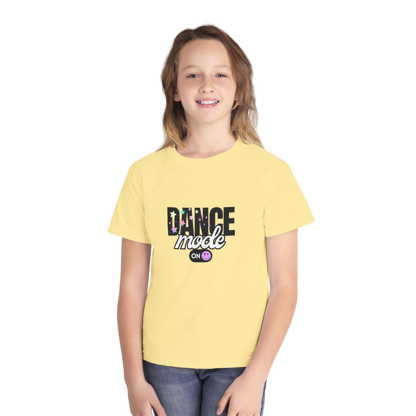 “Dance Mode On" Comfort Colors Youth Midweight T-Shirt – Pastel Stars & Smiley Face Dance Graphic Tee for Kids