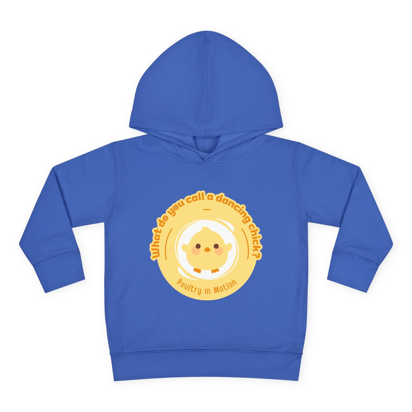 "What do you call a dancing chick? Poultry in Motion." Toddler Pullover Hoodie – Funny Dancing Chicken Pun Graphic Fleece Sweatshirt for Kids