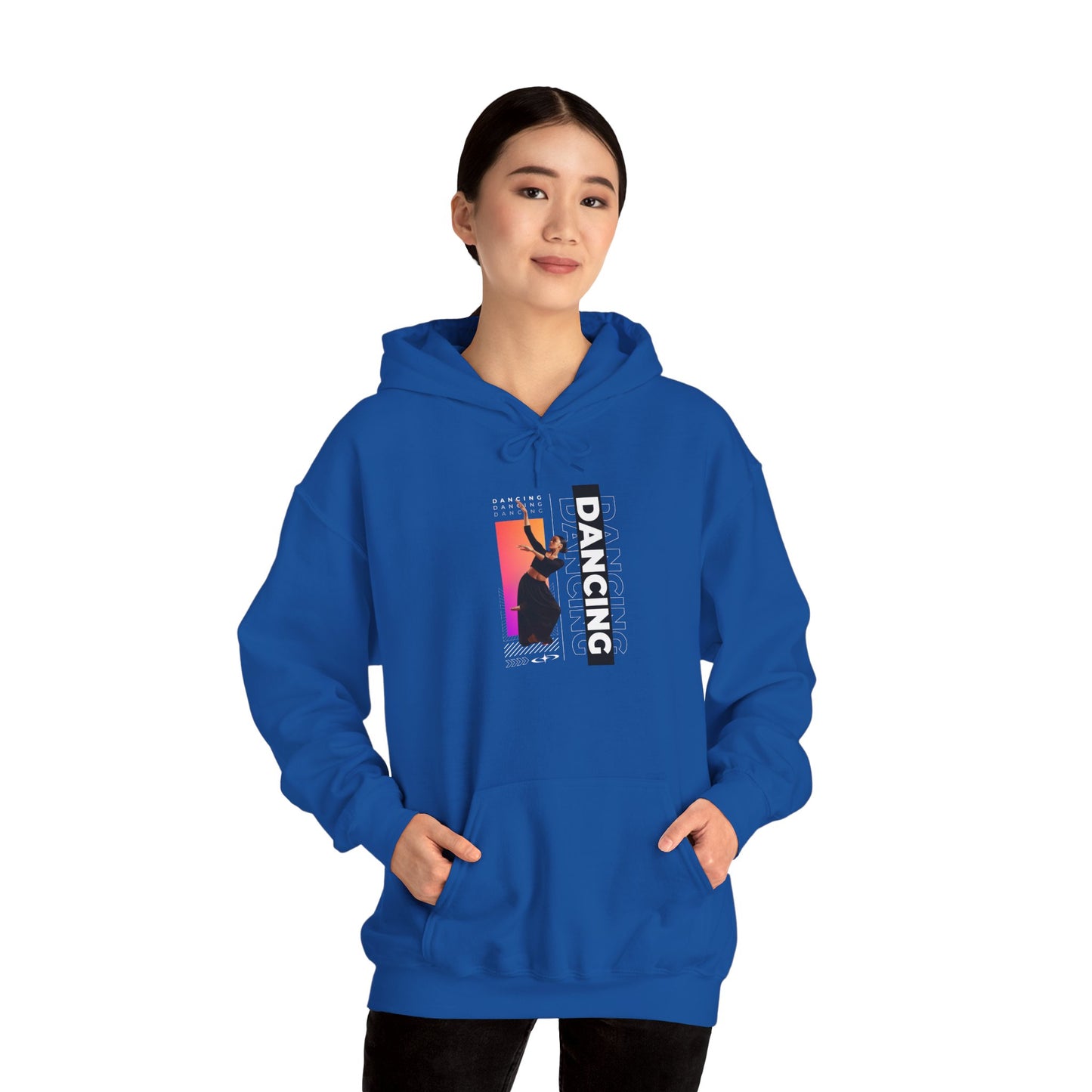 “Dancing” Text with Streetwear-Style Female Dancer Graphic - Unisex Heavy Blend™ Hooded Sweatshirt – Cozy Dance Hoodie for Ballet & Hip-Hop Enthusiasts