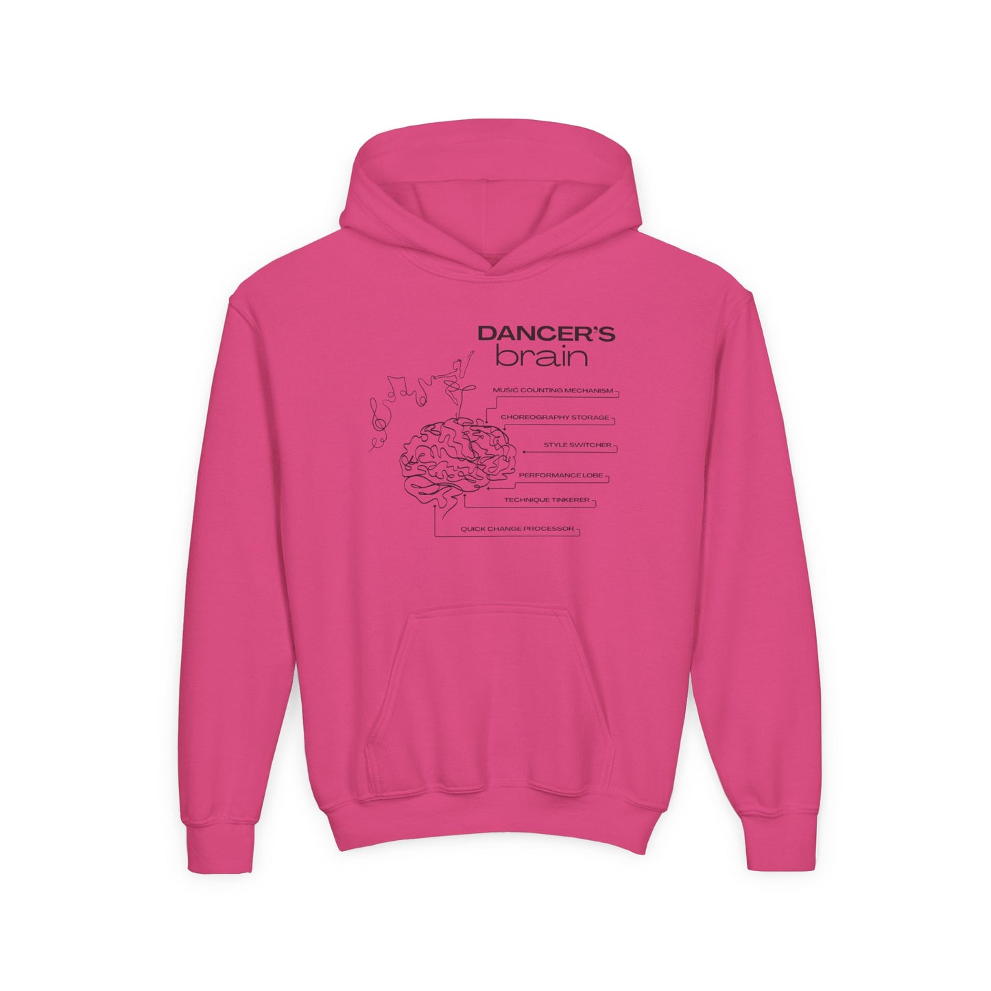 “Dancer’s Brain” Unisex Youth Hoodie with Funny Dance Brain Graphic – Personalized Dance Hoodie for Kids & Teens, Custom Name or Studio Option