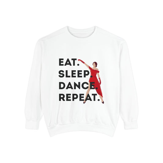 "Eat, Sleep, Dance, Repeat" Unisex Lightweight Crewneck Sweatshirt – Bold Dance Graphic Pullover for Dancers & Studio Life Enthusiasts