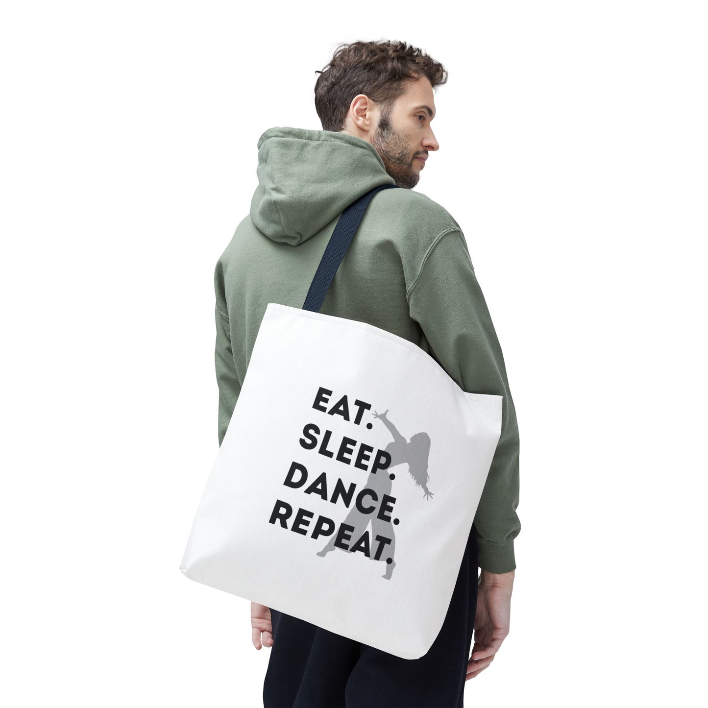 "Eat Sleep Dance Repeat" Canvas Tote Bag – Gray Dancer Silhouette Dance-Themed Reusable Shoulder Bag for Dancers, Studio, or Everyday Use