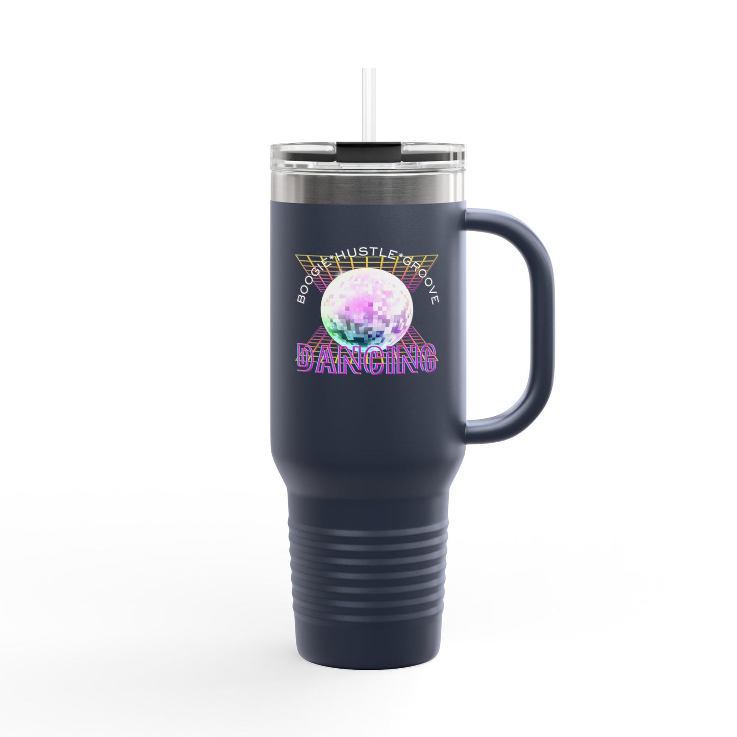 "Boogie, Hustle, Groove - Dancing" 40oz Insulated Travel Mug – Disco Dance Theme Stainless Steel Tumbler with Lid & Straw | Jeté Dance Shop