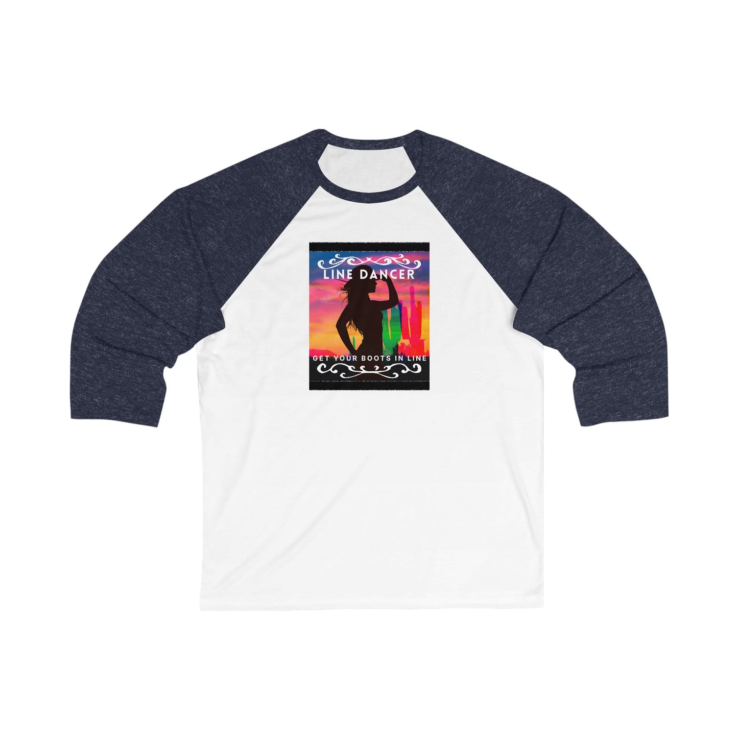 "Line Dancer – Get Your Boots in Line" Unisex 3/4 Sleeve Baseball Tee – Western-Inspired Country Dance Shirt for Dancers
