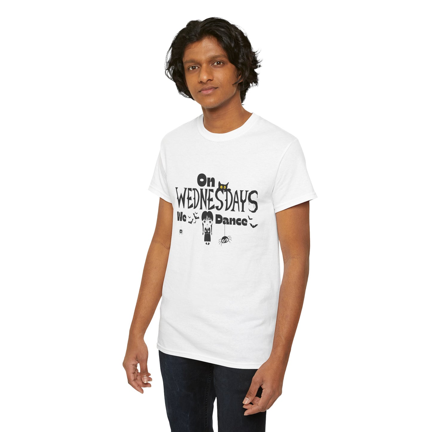 “On Wednesdays We Dance” Gothic Halloween T-Shirt with Cute Girl, Black Cat, Spiders & Bats - Unisex Heavy Cotton Tee