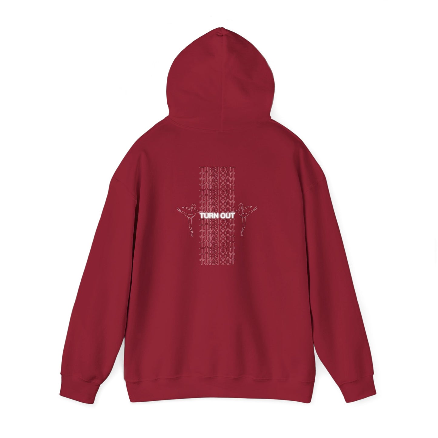 Red hoodie with 'Turn Out' graphic on the back against a white background