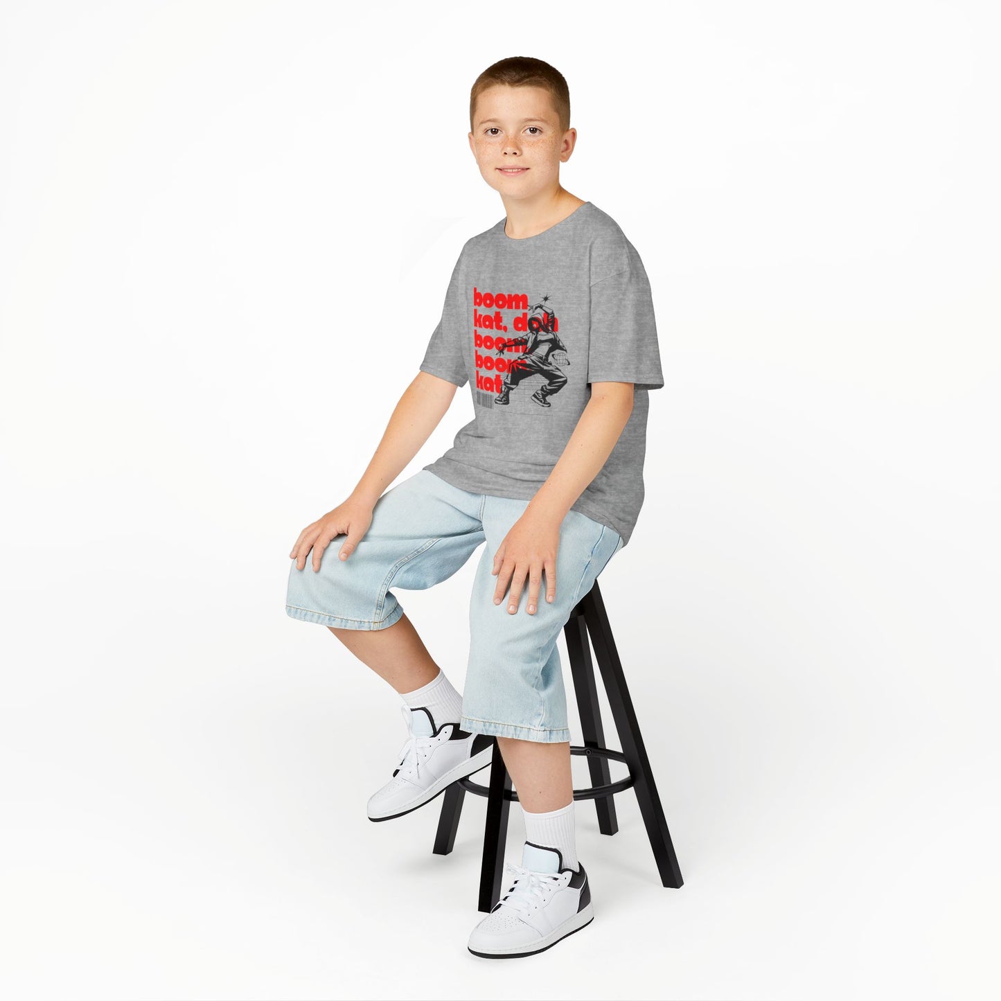 “Boom Kat Youth Short Sleeve Dance T-Shirt – Bold Streetwear-Inspired Graphic Tee for Kids