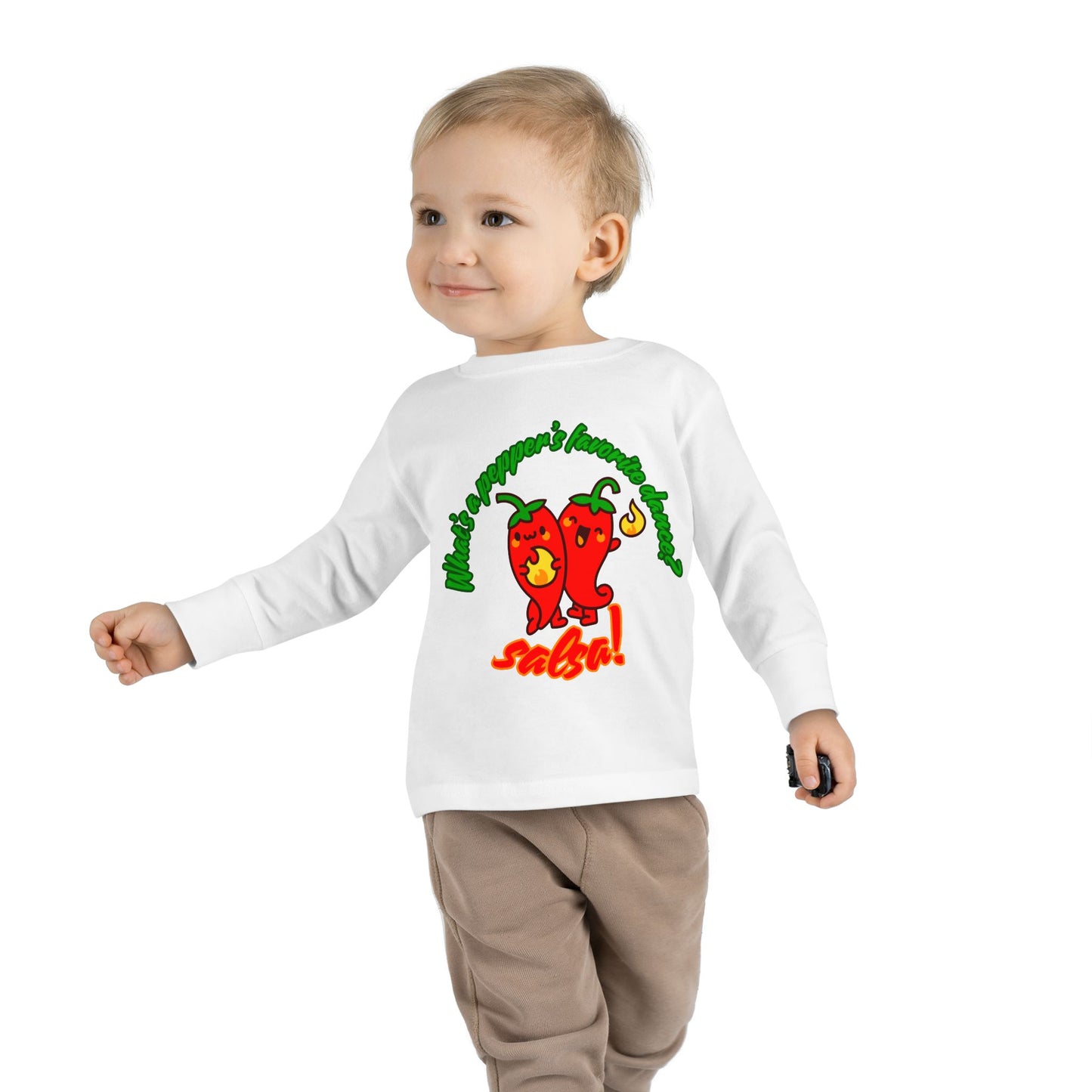 "What Is a Pepper's Favorite Dance? Salsa!" Toddler Dance T-Shirt – Cute Pepper Pun Graphic Long Sleeve Tee for Kids