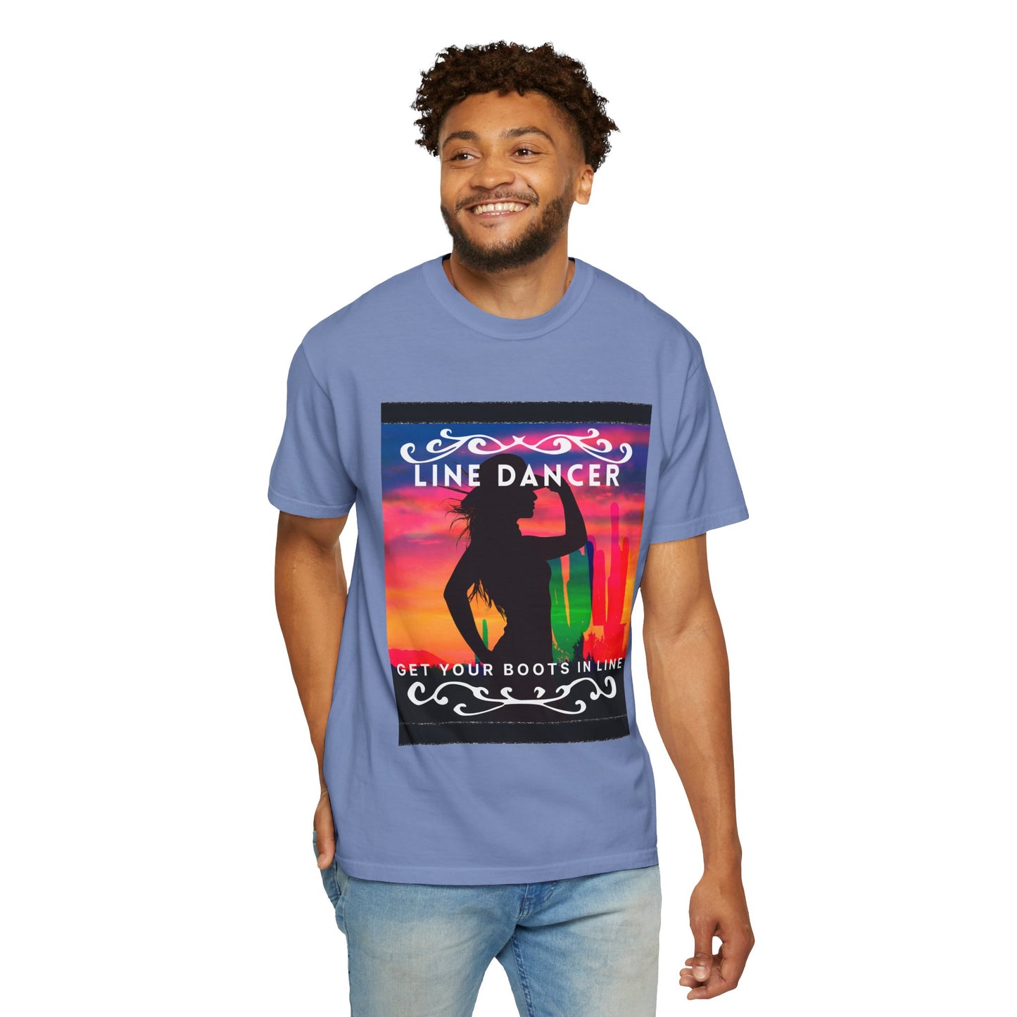 "Line Dancer" Unisex Garment-Dyed T-Shirt – Western Country Dance Graphic Tee – 'Get Your Boots in Line' Cowboy-Inspired Shirt