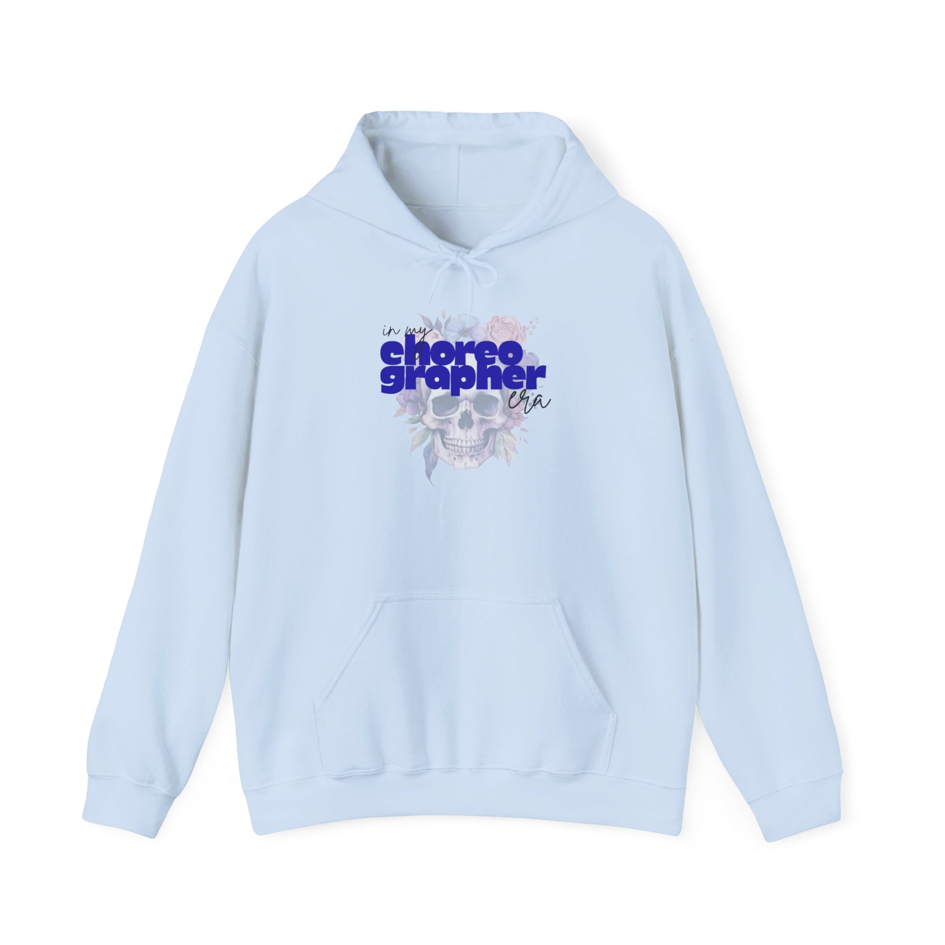 Light blue hoodie with 'choreographer' text and floral design on a white background