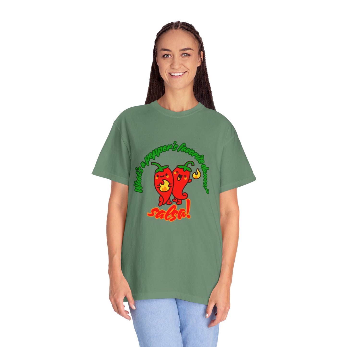 "What's a Pepper's Favorite Dance? Salsa!" Dance Pun Unisex Garment-Dyed T-Shirt – Funny Dance Joke Tee with Cute Pepper Graphic – Dance Humor Shirt for Food & Pun Lovers