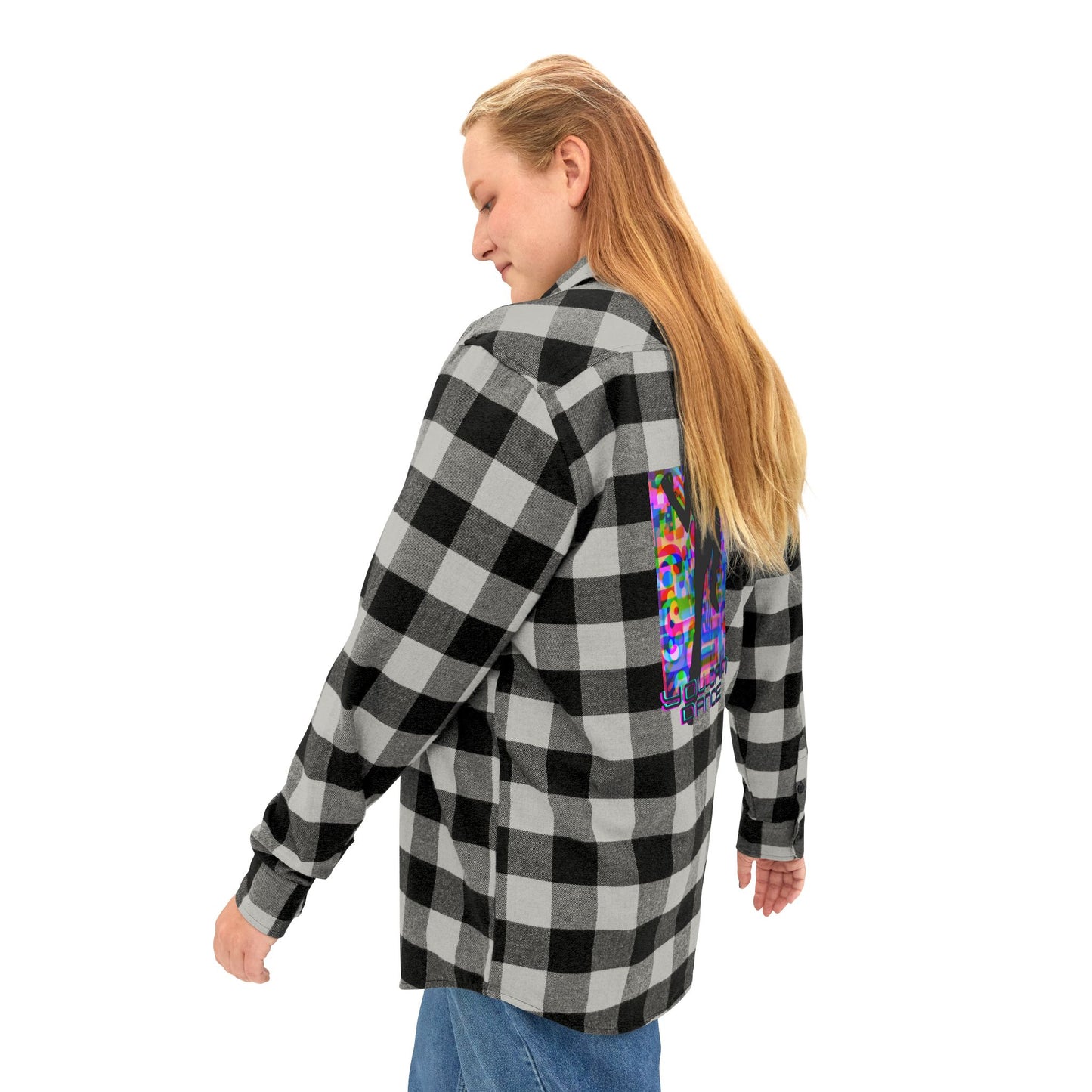 Levels Premium Collection Flannel Shirt – Unisex Streetwear Button-Up with "Levels Pictures Textures" Front Text and Bold Dancer Silhouette Back Graphic