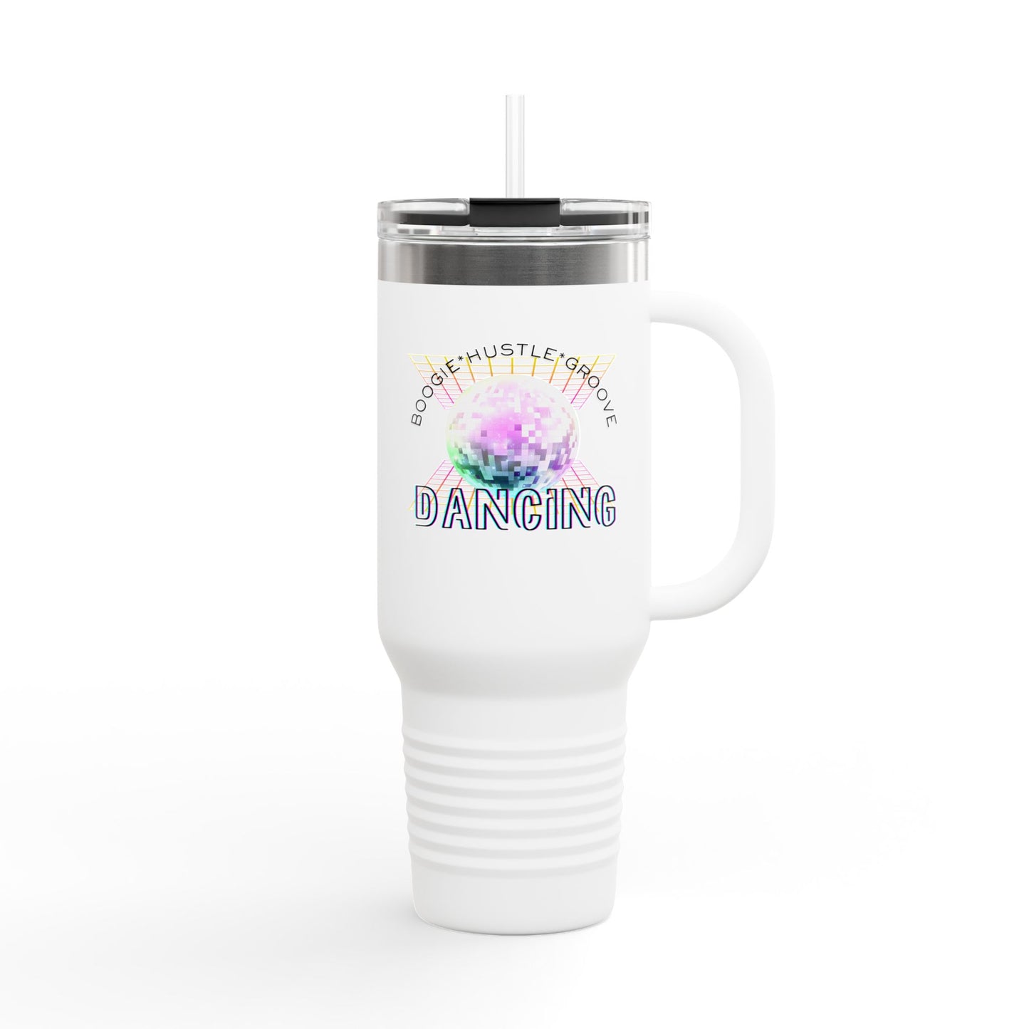 "Boogie, Hustle, Groove - Dancing" 40oz Insulated Travel Mug – Disco Dance Theme Stainless Steel Tumbler with Lid & Straw | Jeté Dance Shop