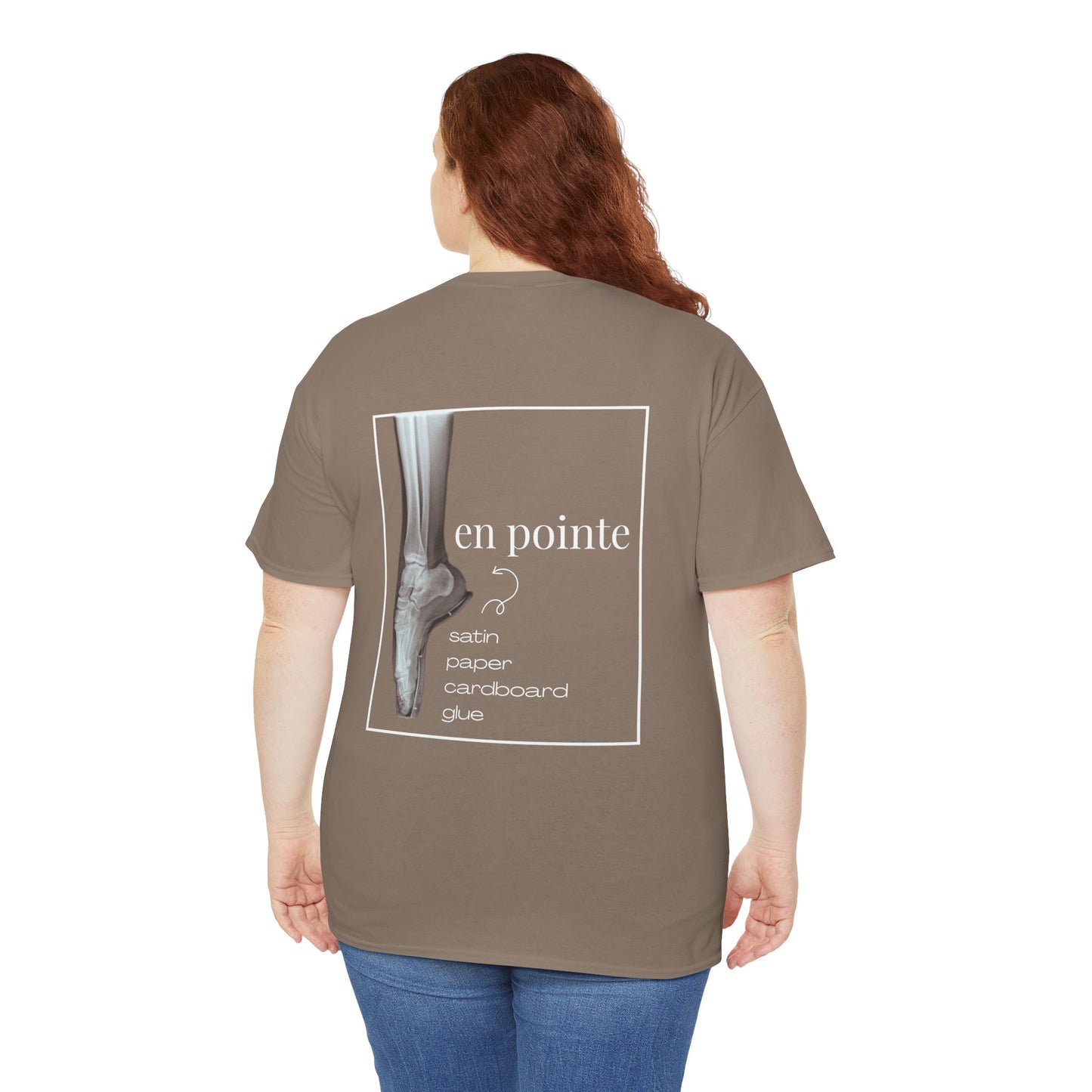 “I Dance en Pointe” X-Ray Ballet T-Shirt – Unisex Heavy Cotton Tee Featuring Pointe Shoe Foot Graphic with Optional Name or Studio Personalization on the back