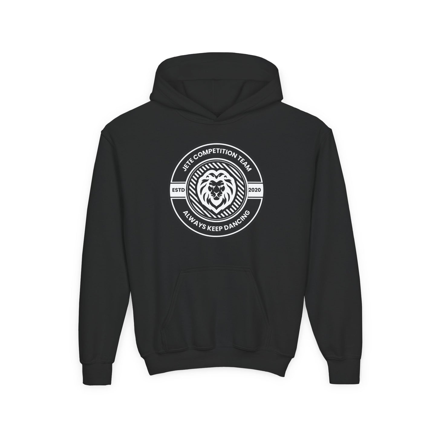 "Jeté Competition Team - Always Keep Dancing" Youth Hooded Sweatshirt – Bold Collegiate Emblem Dance Graphic Hoodie for Kids and Teens
