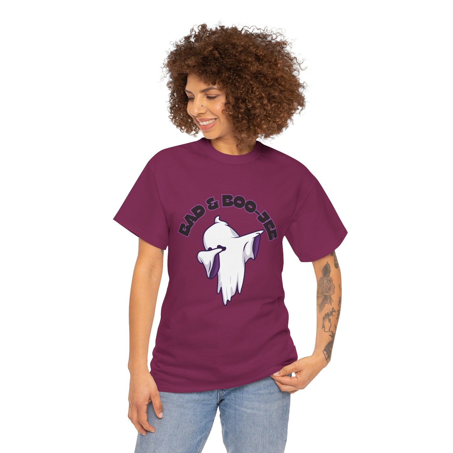 “Bad & Boo-jee” Funny Halloween Dance T-Shirt with Cute Ghost Dab Graphic - Unisex Heavy Cotton Tee