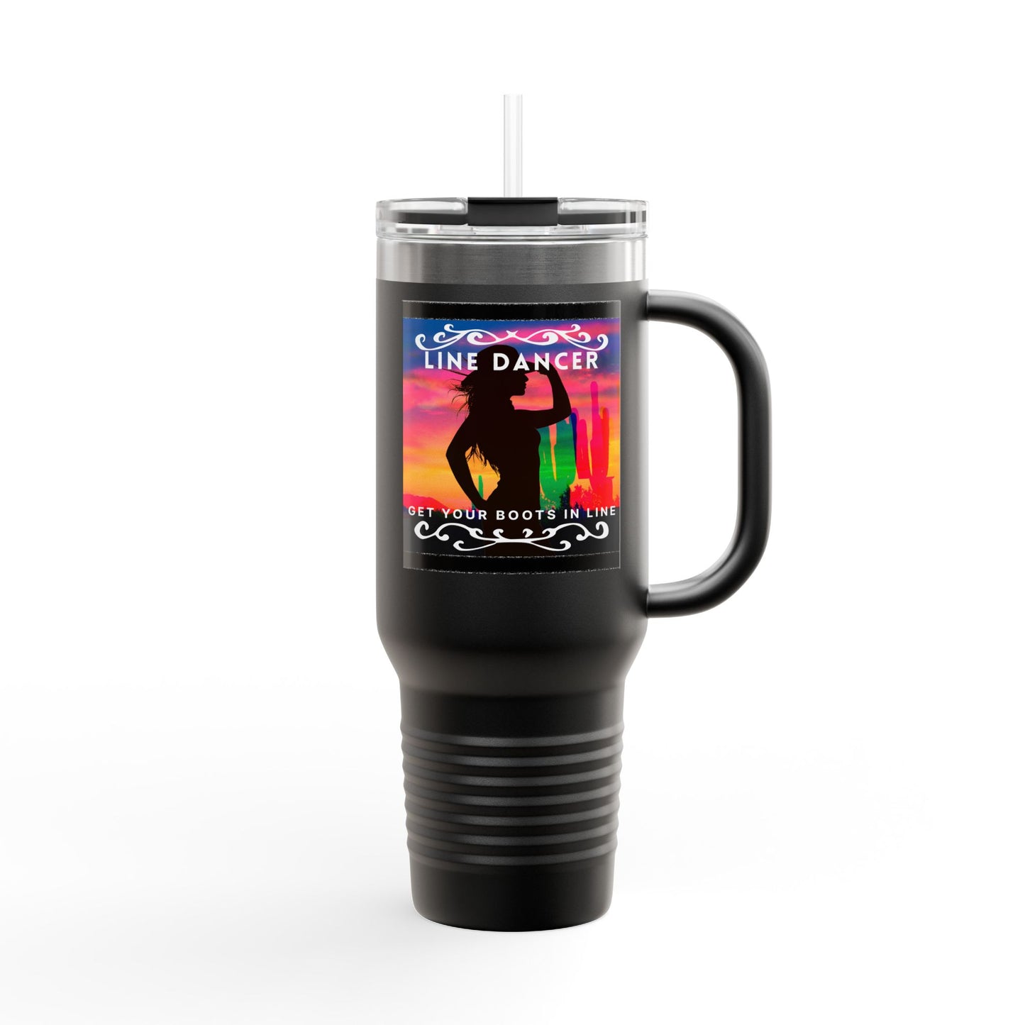 "Line Dancer, Get Your Boots In Line" 40oz Insulated Travel Mug – Cowgirl Dance-Themed Tumbler for Country Western Lovers