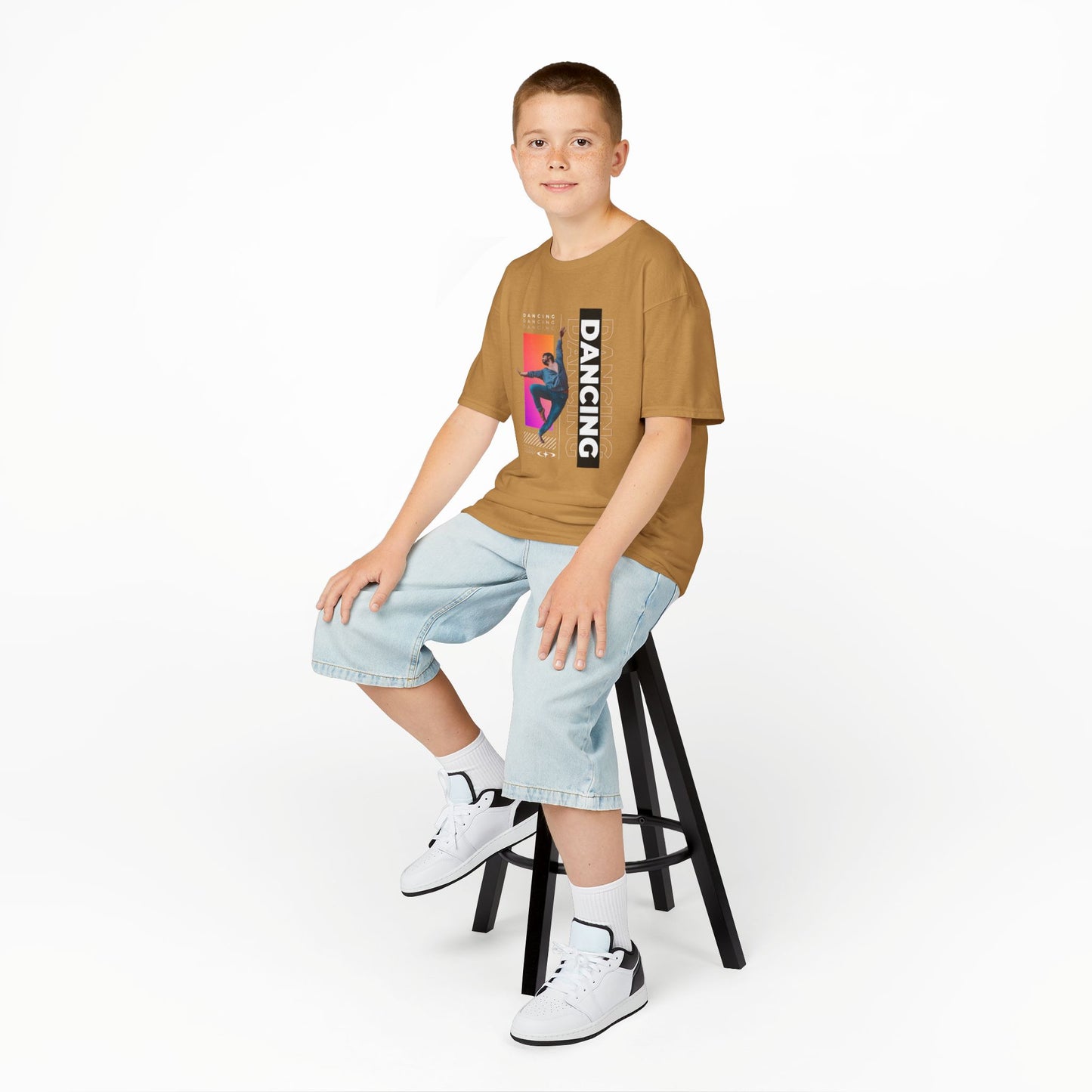 “Dancing” Youth Short Sleeve T-Shirt – Streetwear-Inspired Male Dancer Graphic – Trendy Kids Dance Apparel Tee