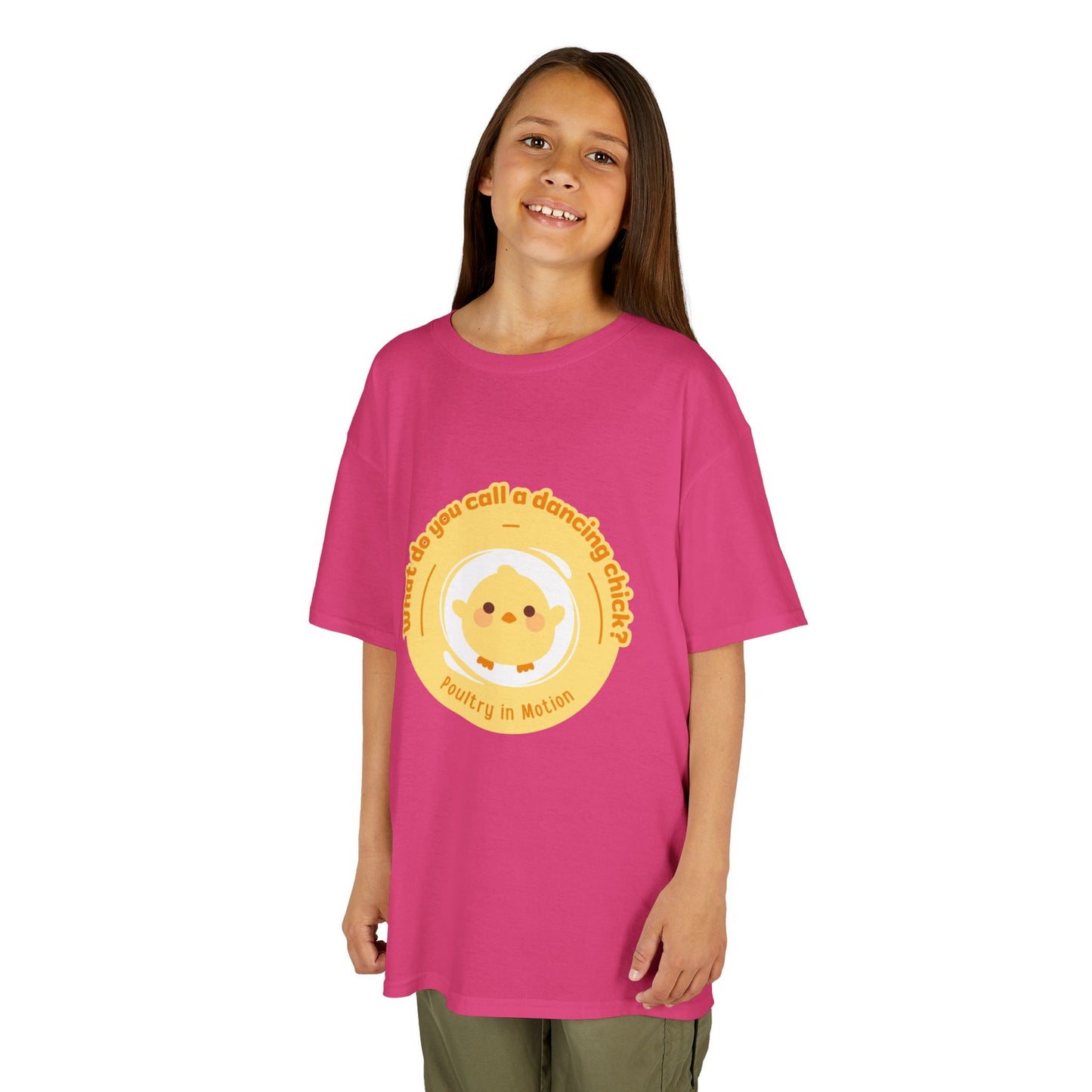 “What do you call a dancing chick? Poultry in Motion” Funny Chick Dance Tee for Kids – Cute Chicken Graphic - Youth Dance Pun T-Shirt