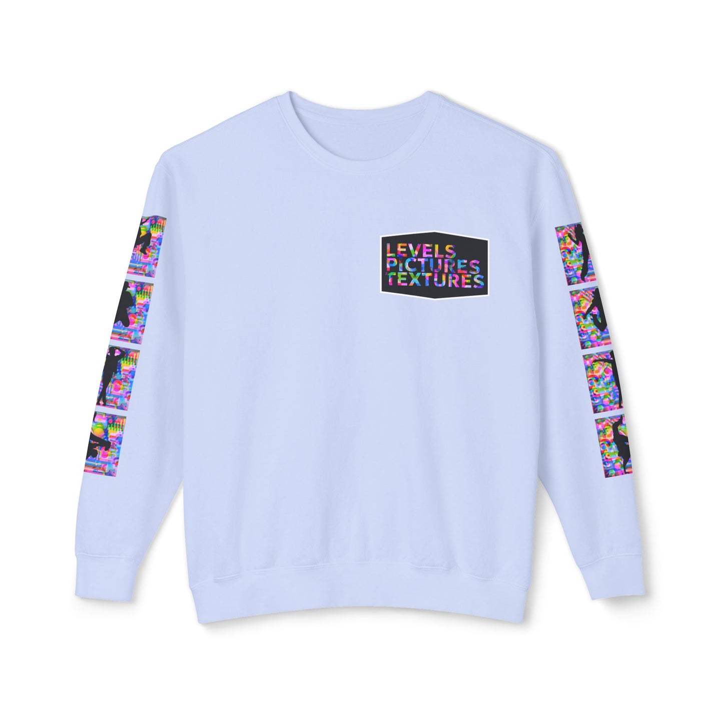 Levels Premium Collection Dance Crewneck Sweatshirt – Vibrant Unisex Streetwear Pullover with "Levels Pictures Textures" Front Text and Dancer Silhouettes on Sleeves