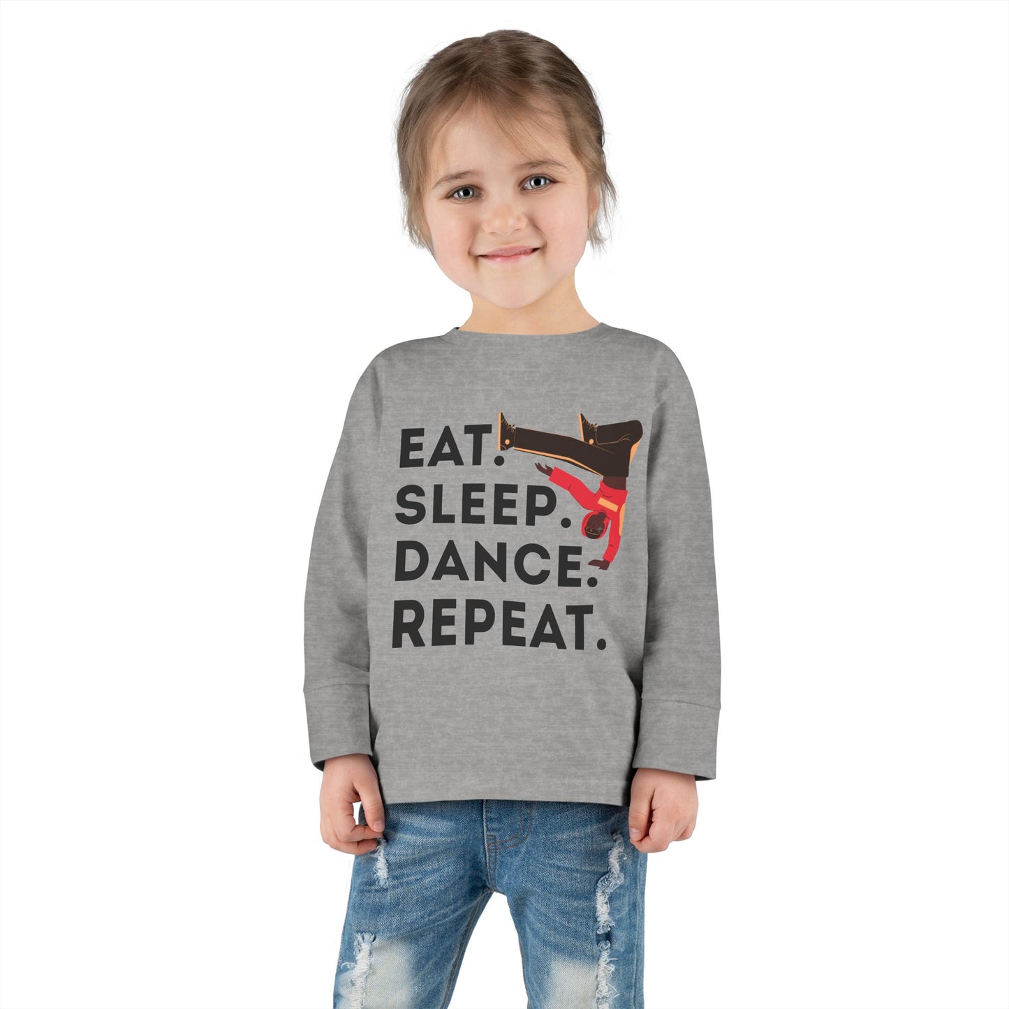 "Eat, Sleep, Dance, Repeat" Toddler Dance T-Shirt – Bold B-Boy Graphic Long Sleeve Tee for Kids