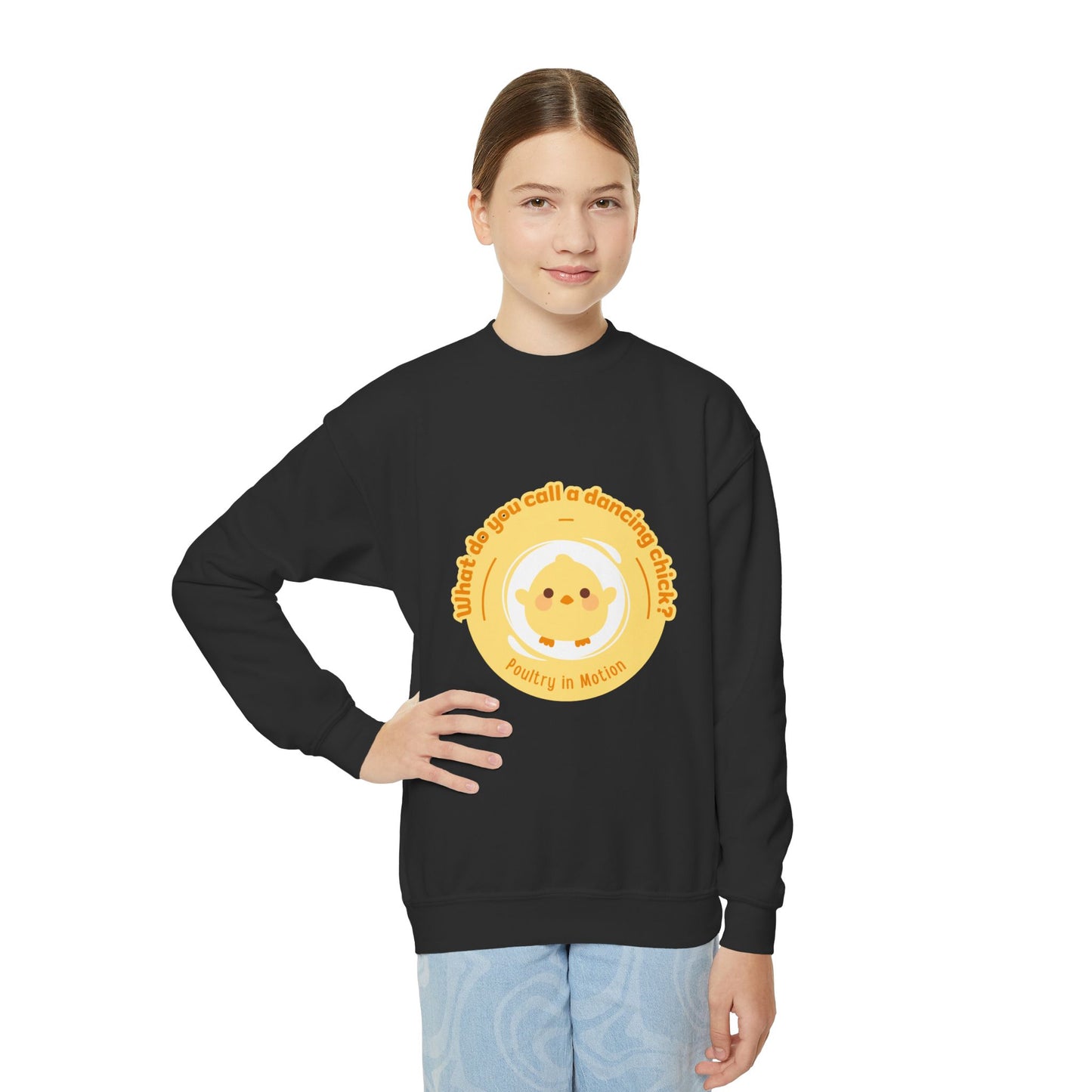 "What do you call a dancing chick? Poultry in Motion." – Funny Dance Pun Youth Crewneck Sweatshirt | Cute Dancing Chicken Kids Pullover