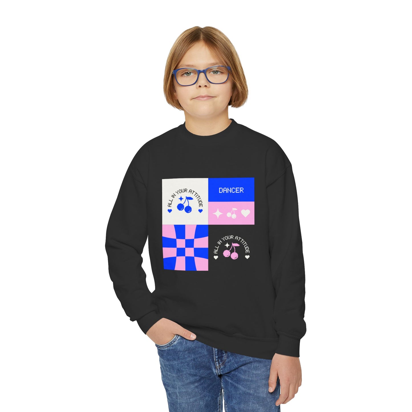 "Dancer – All in Your Attitude" Youth Crewneck Sweatshirt | Retro Dance Graphic Kids Pullover for Confident Movers