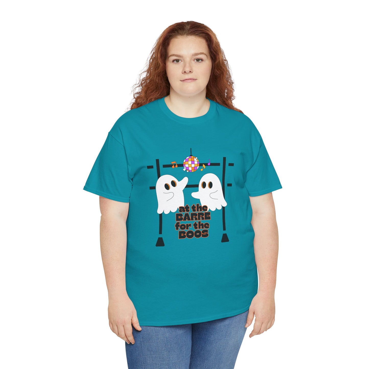 “At the Barre for the Boos” Dance Halloween T-Shirt with Cute Ghost Ballet Graphics - Unisex Heavy Cotton Tee