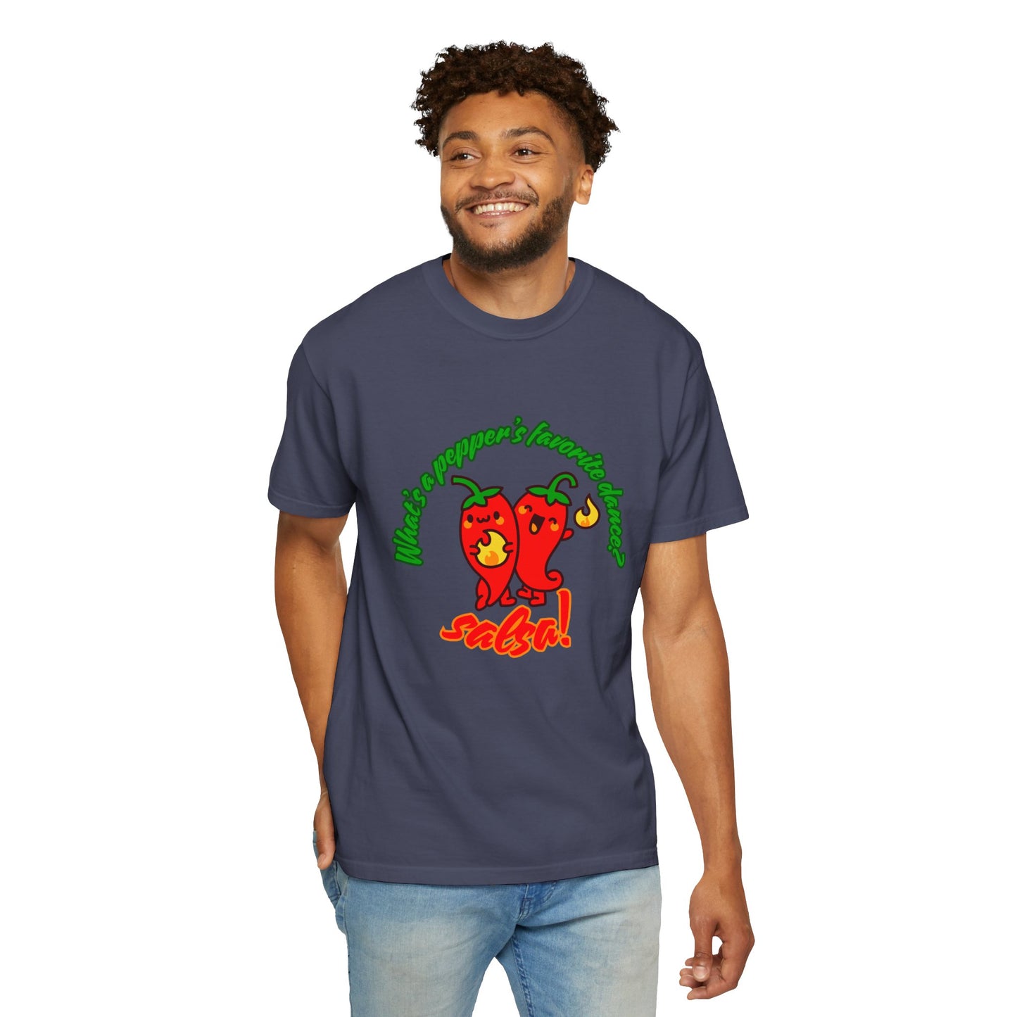 "What's a Pepper's Favorite Dance? Salsa!" Dance Pun Unisex Garment-Dyed T-Shirt – Funny Dance Joke Tee with Cute Pepper Graphic – Dance Humor Shirt for Food & Pun Lovers