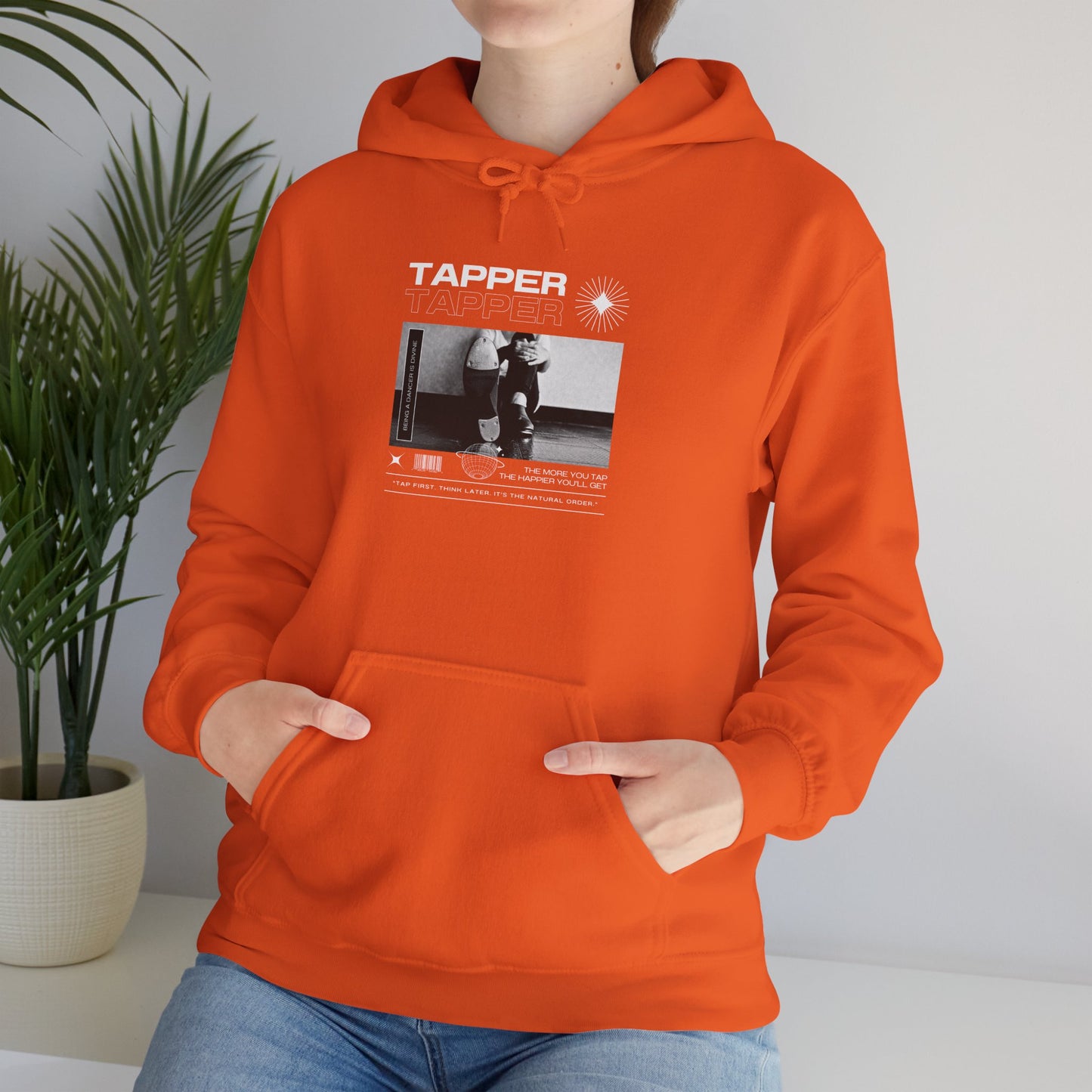 “Tapper” Tap Dance Text with Streetwear-Style Tap Shoes Graphic – Unisex Heavy Blend™ Hooded Sweatshirt – Cozy Dance Hoodie for Tap Dancers & Performing Arts Fans