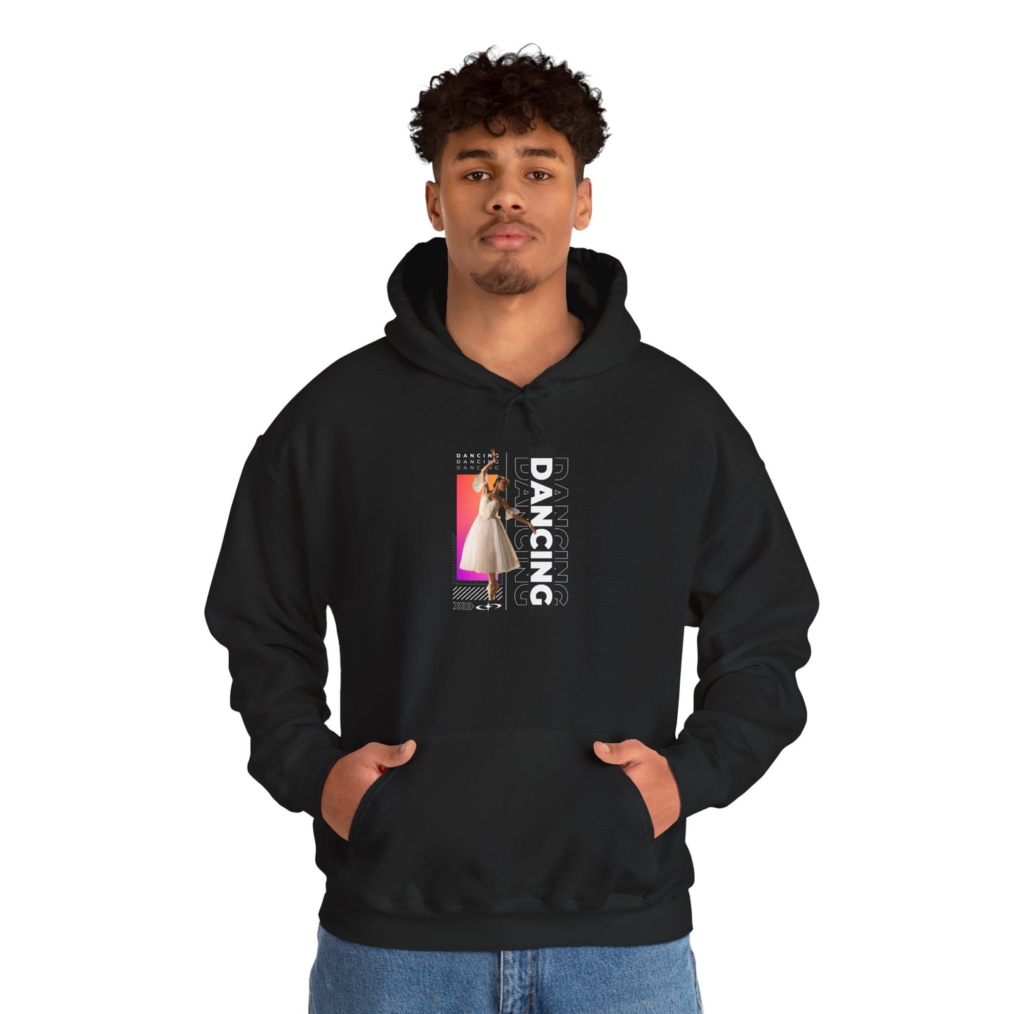 “Dancing” Text with Streetwear-Style Female Dancer Graphic - Unisex Heavy Blend™ Hooded Sweatshirt – Cozy Dance Hoodie for Ballet & Hip-Hop Enthusiasts