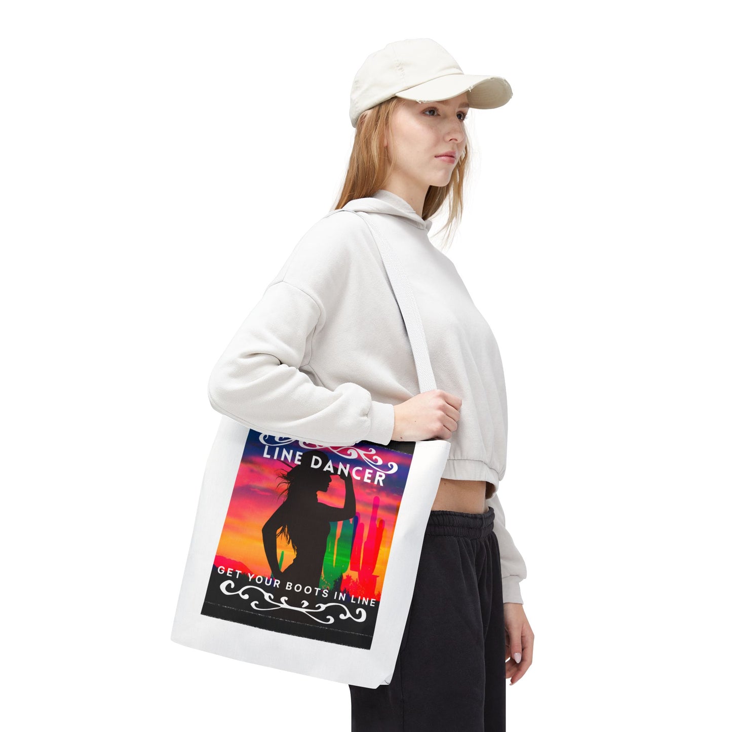 "Line Dancer, Boots on the Ground” Canvas Tote Bag – Cowgirl Graphic | Western Dance Bag for Country Lovers & Line Dancing Fans