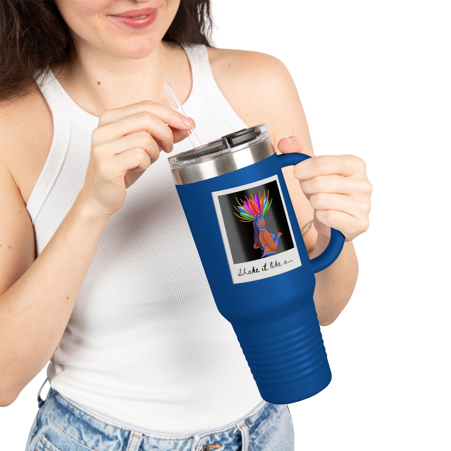 "Shake It Like a..." 40oz Insulated Travel Mug – Carnival Samba Dancer Graphic | Fun Dance-Themed Stainless Steel Tumbler for Hot & Cold Drinks