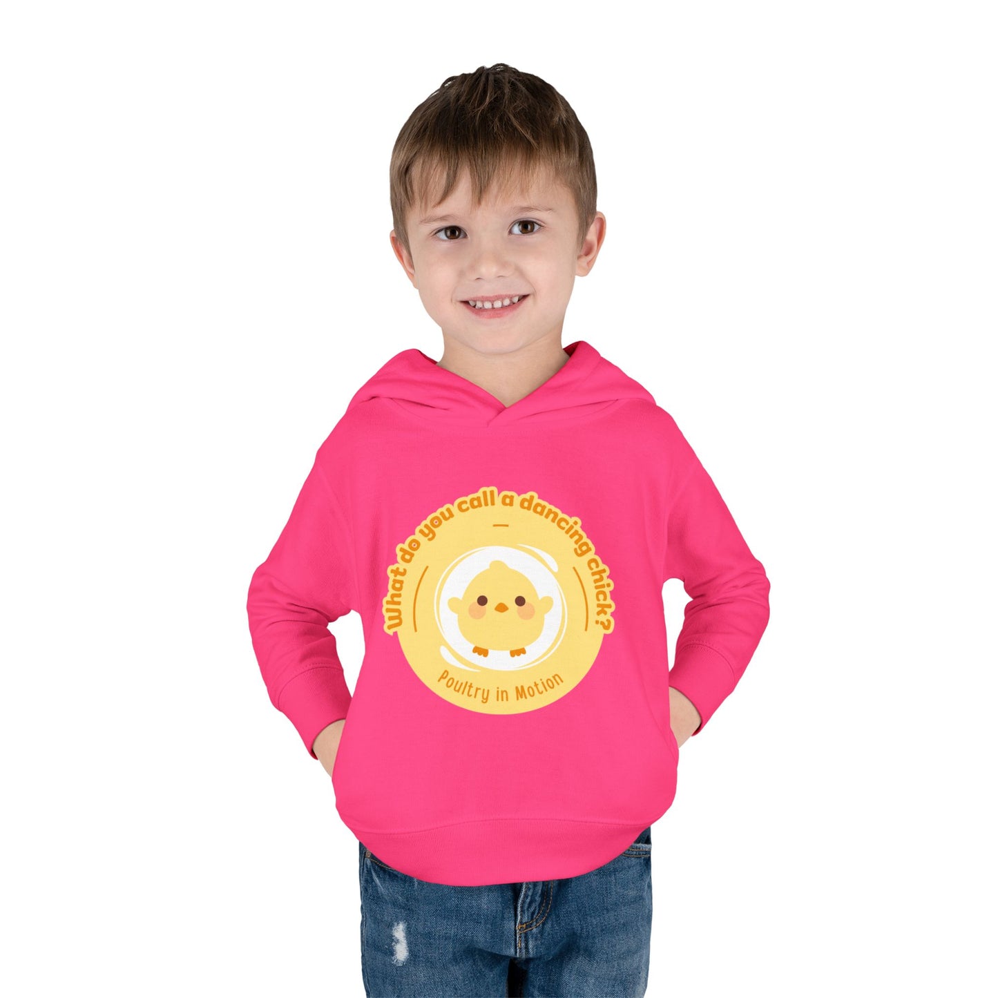 "What do you call a dancing chick? Poultry in Motion." Toddler Pullover Hoodie – Funny Dancing Chicken Pun Graphic Fleece Sweatshirt for Kids