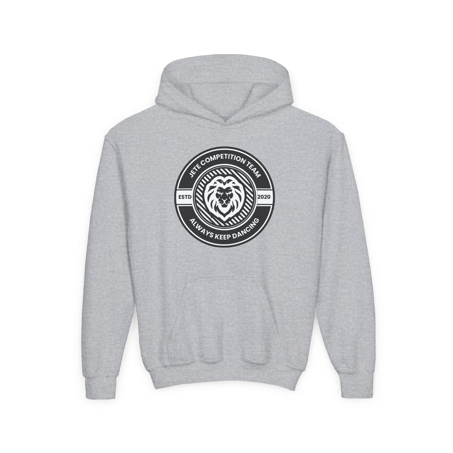 "Jeté Competition Team - Always Keep Dancing" Youth Hooded Sweatshirt – Bold Collegiate Emblem Dance Graphic Hoodie for Kids and Teens