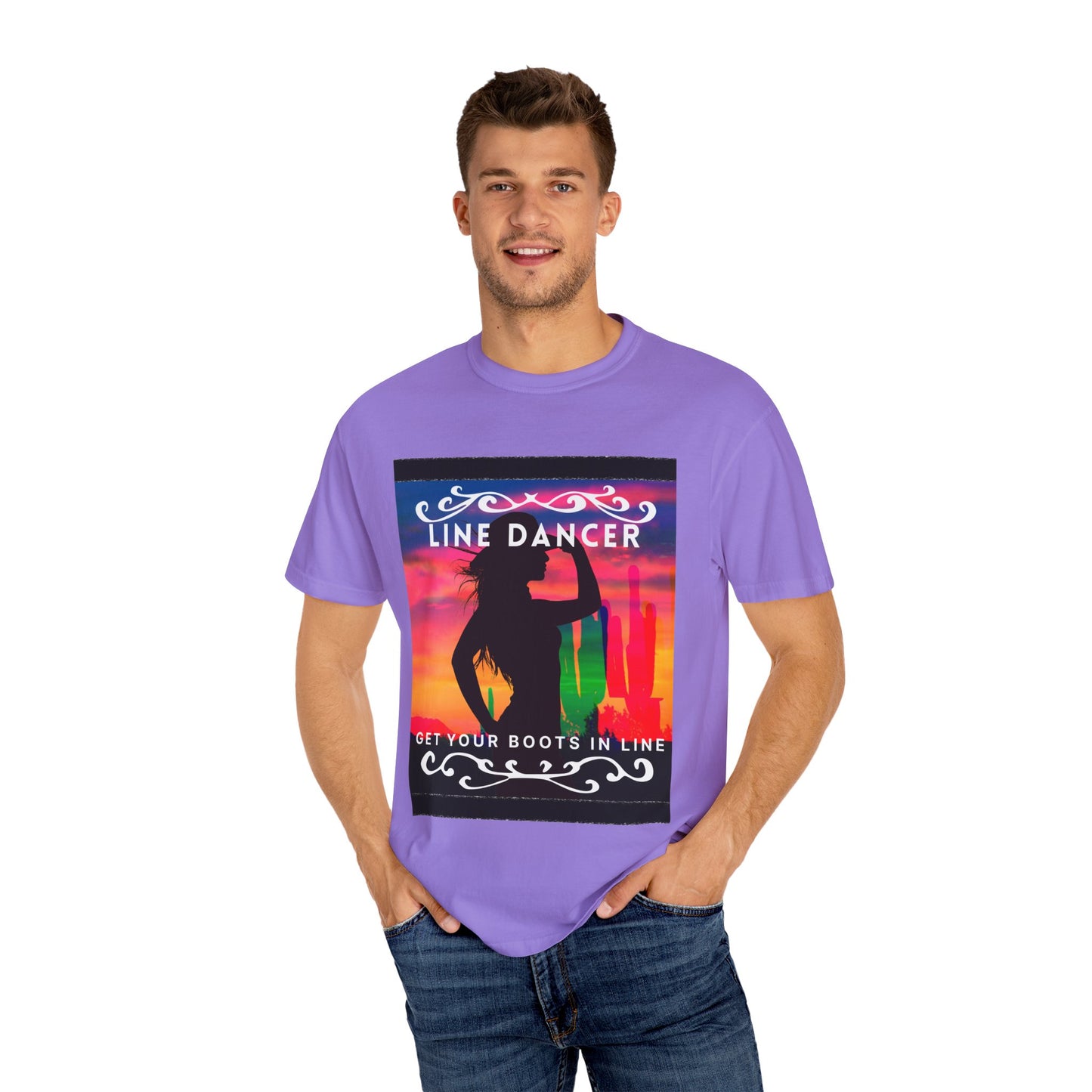 "Line Dancer" Unisex Garment-Dyed T-Shirt – Western Country Dance Graphic Tee – 'Get Your Boots in Line' Cowboy-Inspired Shirt
