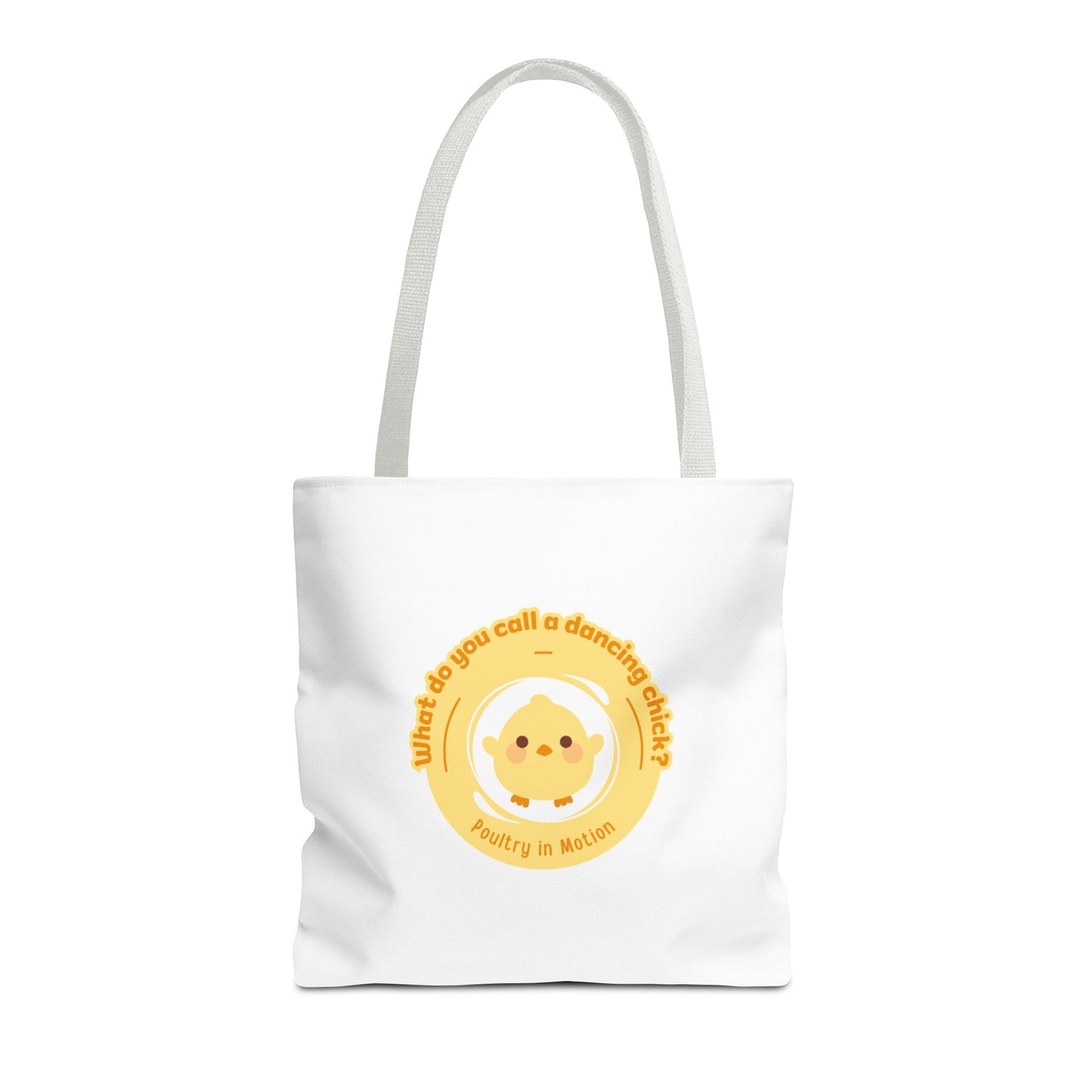 "What do you call a dancing chick? Poultry in Motion" Funny Dance Tote Bag – Kawaii Chicken Canvas Tote for Dancers & Dance Lovers