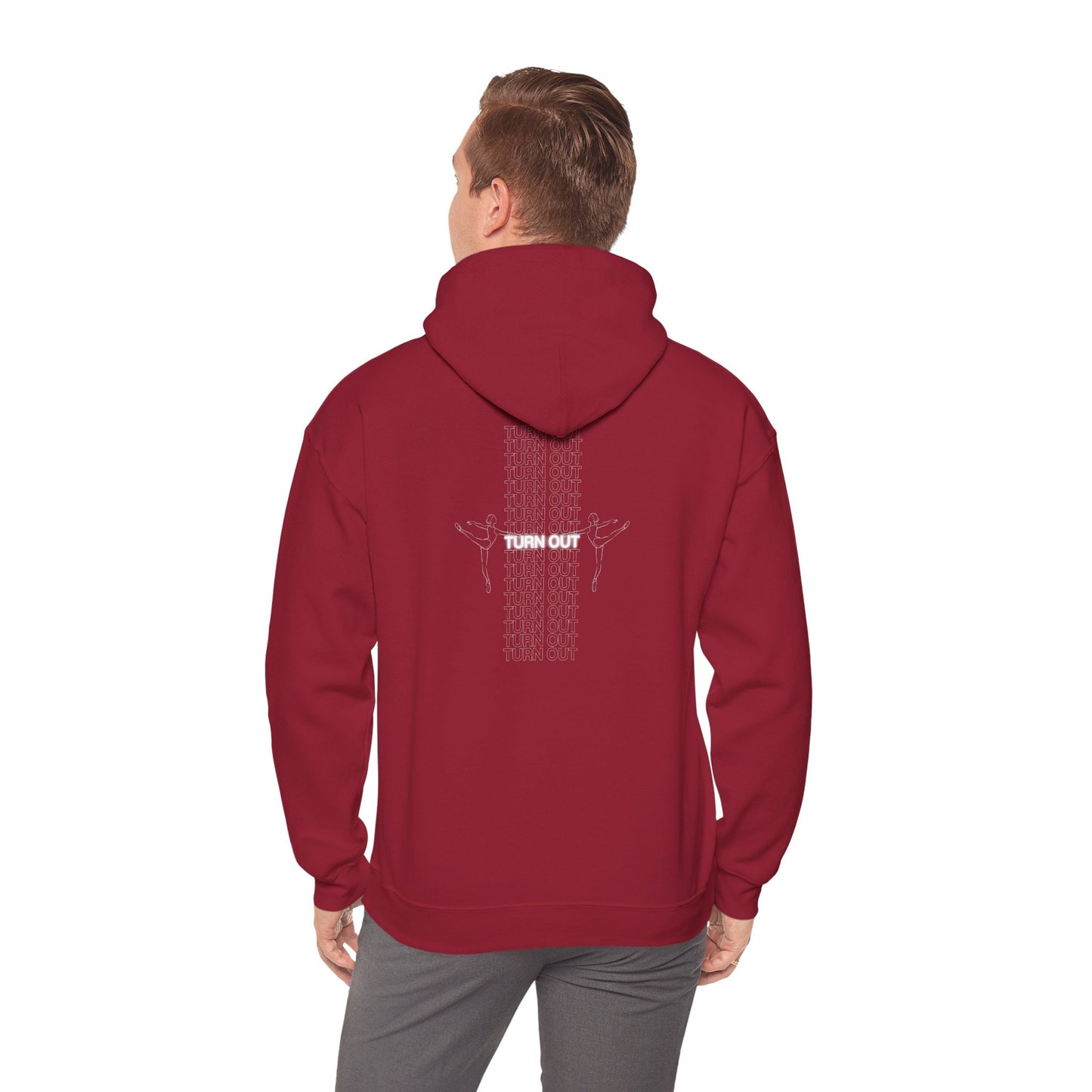 Red hoodie with 'Turn Out' design on the back worn by a person, on a white background