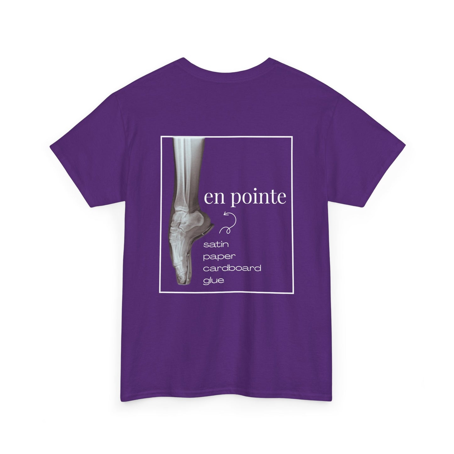 “I Dance en Pointe” X-Ray Ballet T-Shirt – Unisex Heavy Cotton Tee Featuring Pointe Shoe Foot Graphic with Optional Name or Studio Personalization on the back