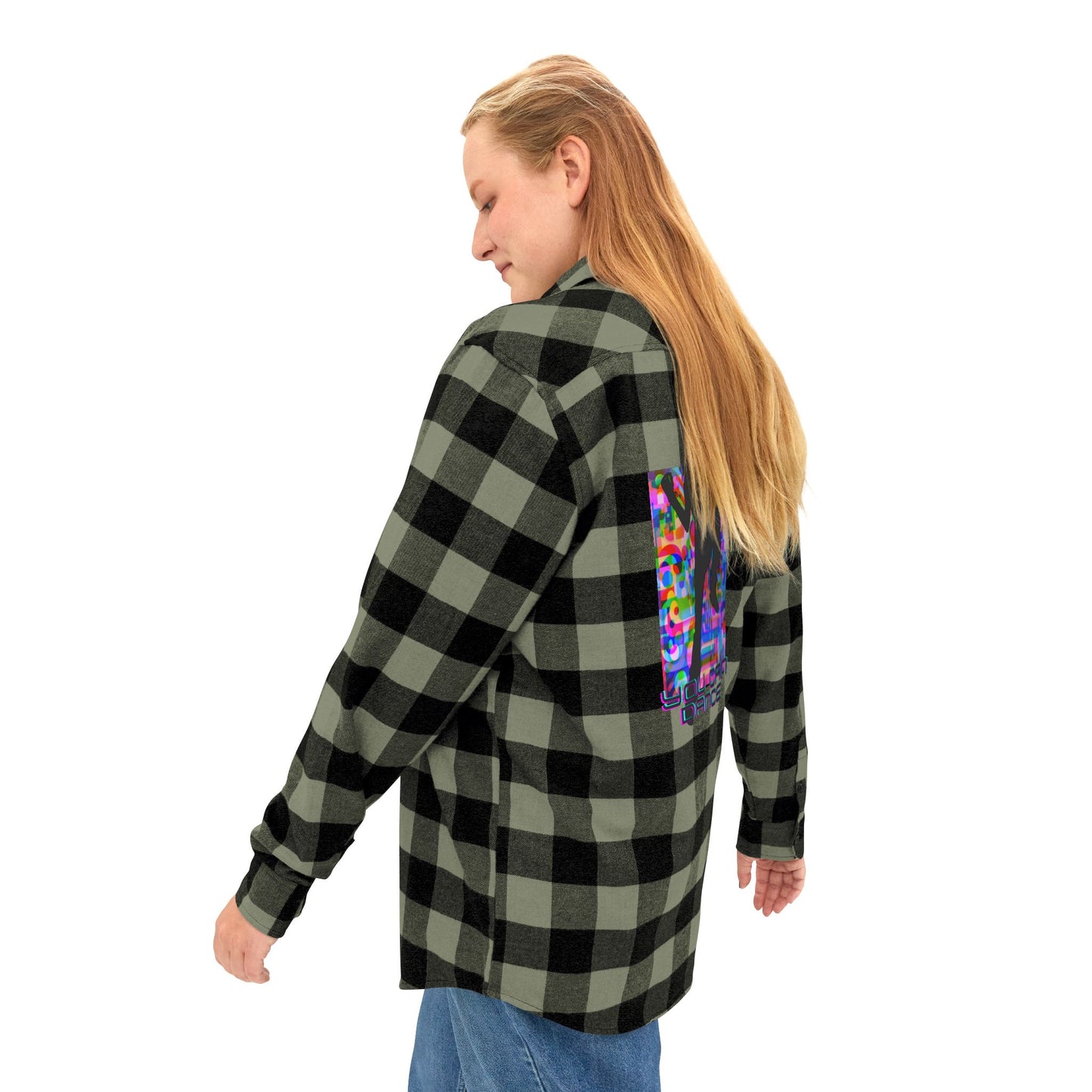 Levels Premium Collection Flannel Shirt – Unisex Streetwear Button-Up with "Levels Pictures Textures" Front Text and Bold Dancer Silhouette Back Graphic