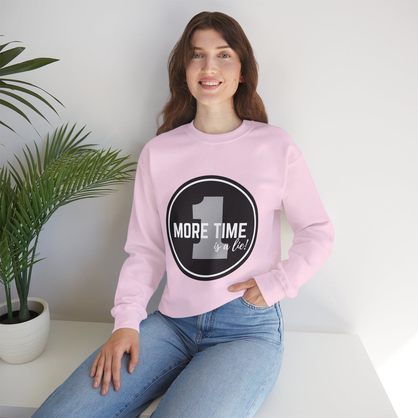 "One More Time Is a Lie." Unisex Heavy Blend Crewneck Sweatshirt – Bold Emblem Graphic Dance Teacher Quote Pullover for Dancers & Studio Life