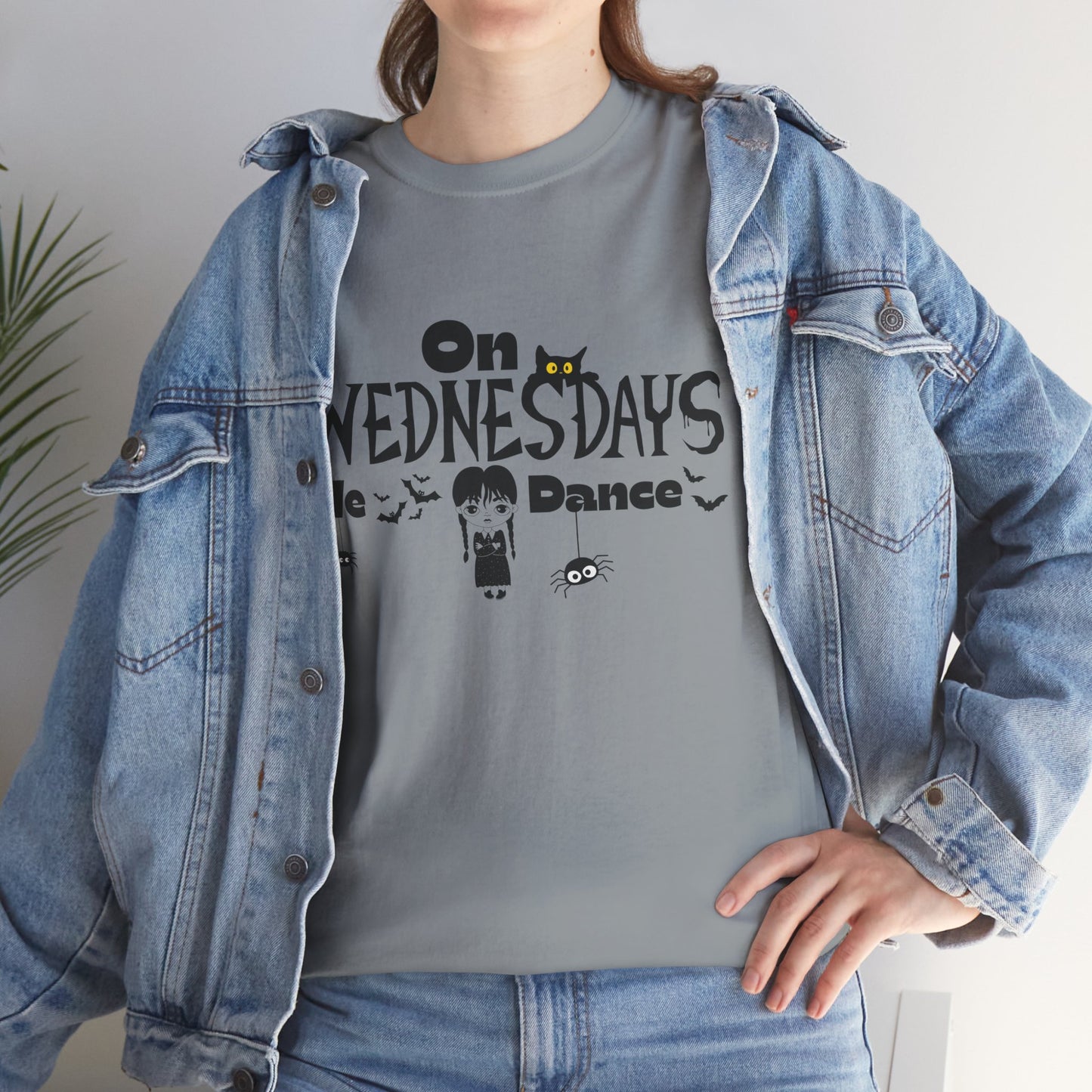 “On Wednesdays We Dance” Gothic Halloween T-Shirt with Cute Girl, Black Cat, Spiders & Bats - Unisex Heavy Cotton Tee