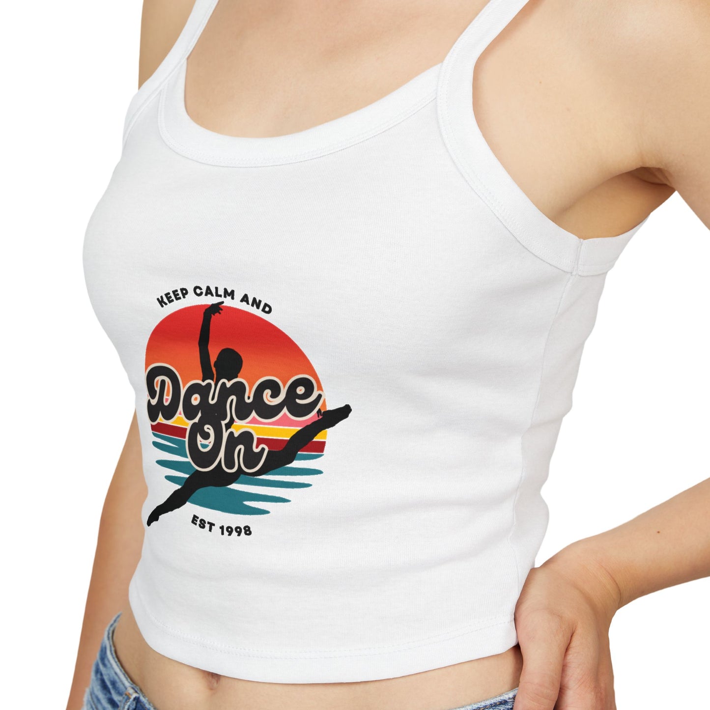 "Keep Calm and Dance On" Women’s Spaghetti Strap Tank Top – Retro Graphic Design | Fun & Stylish Dancewear for Studio, Festivals, and Everyday Outfits