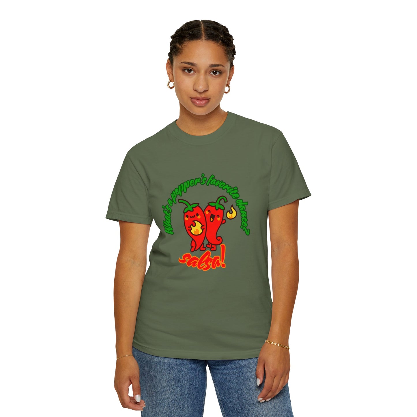 "What's a Pepper's Favorite Dance? Salsa!" Dance Pun Unisex Garment-Dyed T-Shirt – Funny Dance Joke Tee with Cute Pepper Graphic – Dance Humor Shirt for Food & Pun Lovers