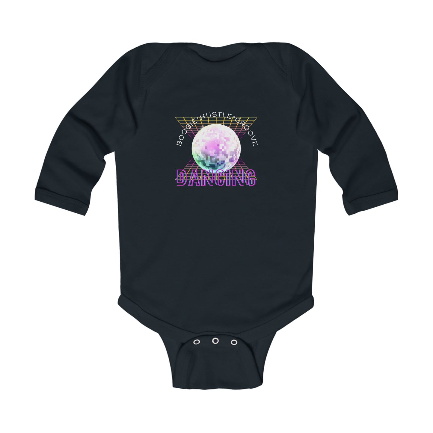 "Boogie, Hustle, Groove - Dancing" Infant Long Sleeve Bodysuit | Retro Dance Baby Onesie for Future Dancers