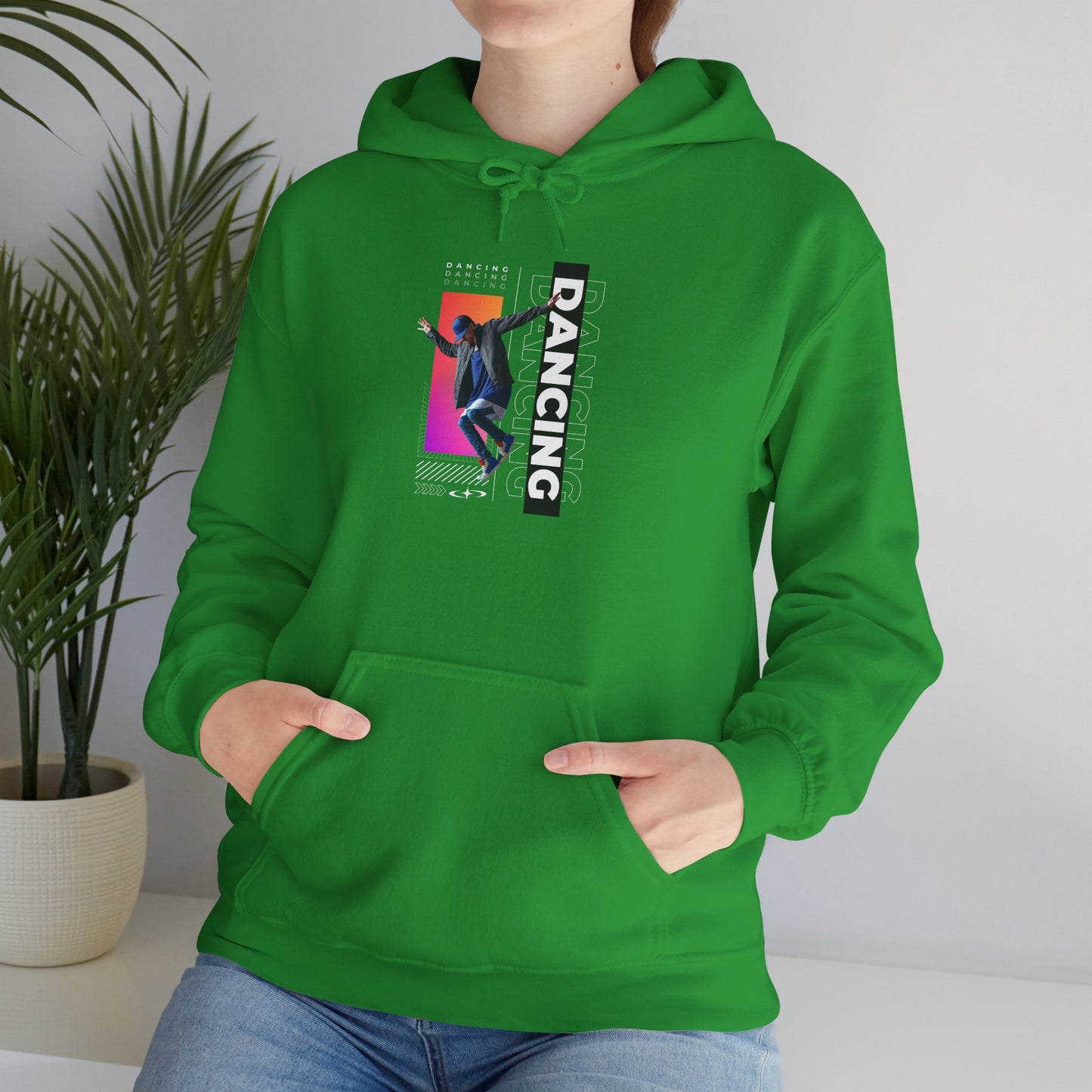 “Dancing” Text with Streetwear-Style Male Dancer Graphic – Unisex Heavy Blend™ Hooded Sweatshirt – Cozy Dance Hoodie for Performers & Dance Enthusiasts