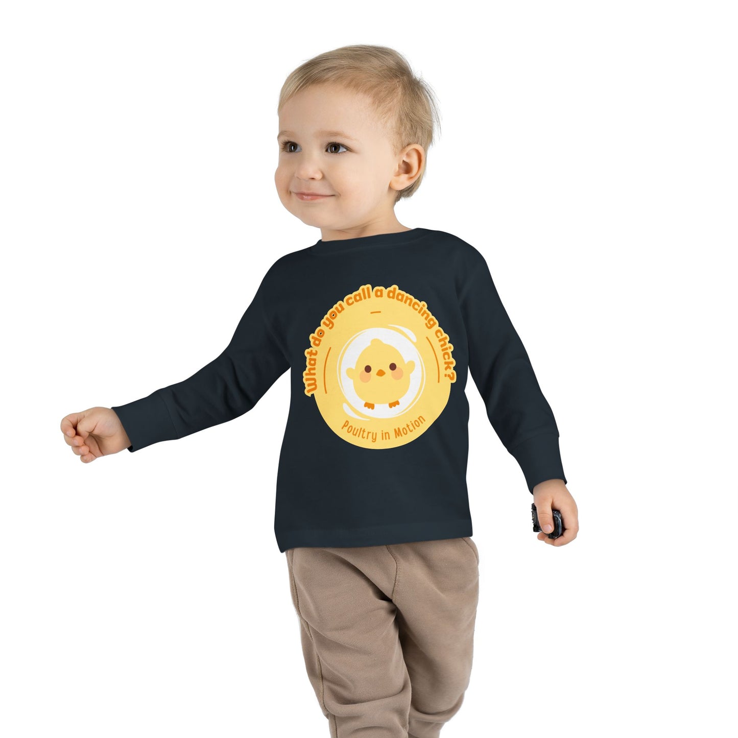 "What Do You Call a Dancing Chick? Poultry in Motion" Toddler Dance T-Shirt – Cute Chicken Graphic Long Sleeve Tee for Kids