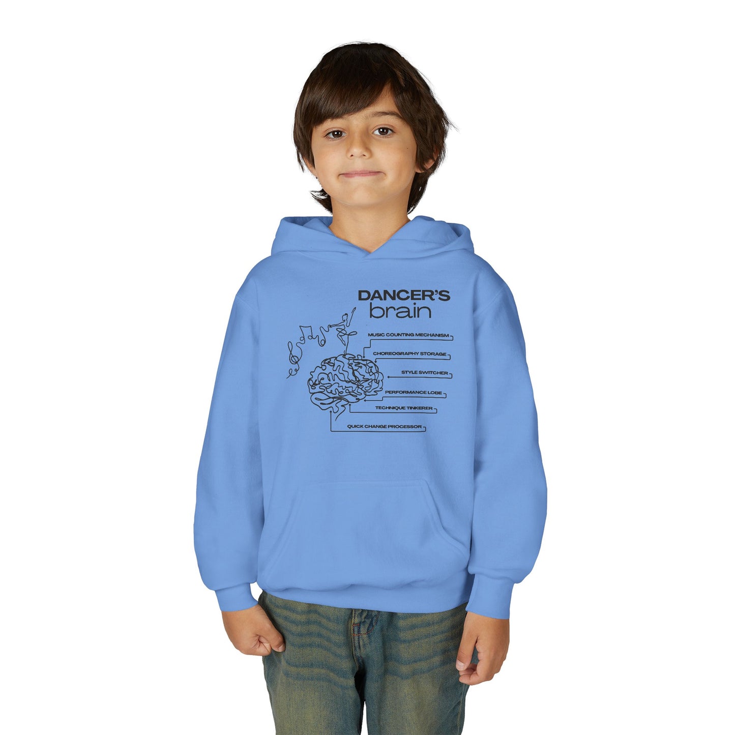 “Dancer’s Brain” Unisex Youth Hoodie with Funny Dance Brain Graphic – Personalized Dance Hoodie for Kids & Teens, Custom Name or Studio Option